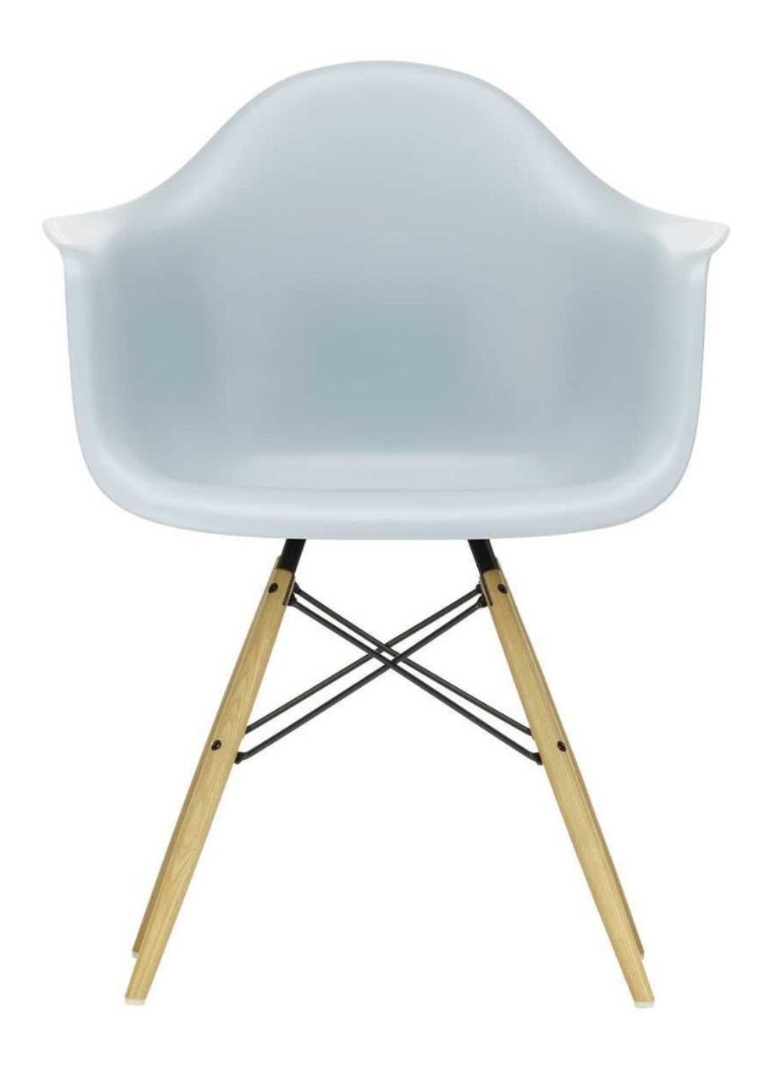 Vitra Eames DAW stoel met geelachtig esdoorn onderstel - voorkant lichtblauw
