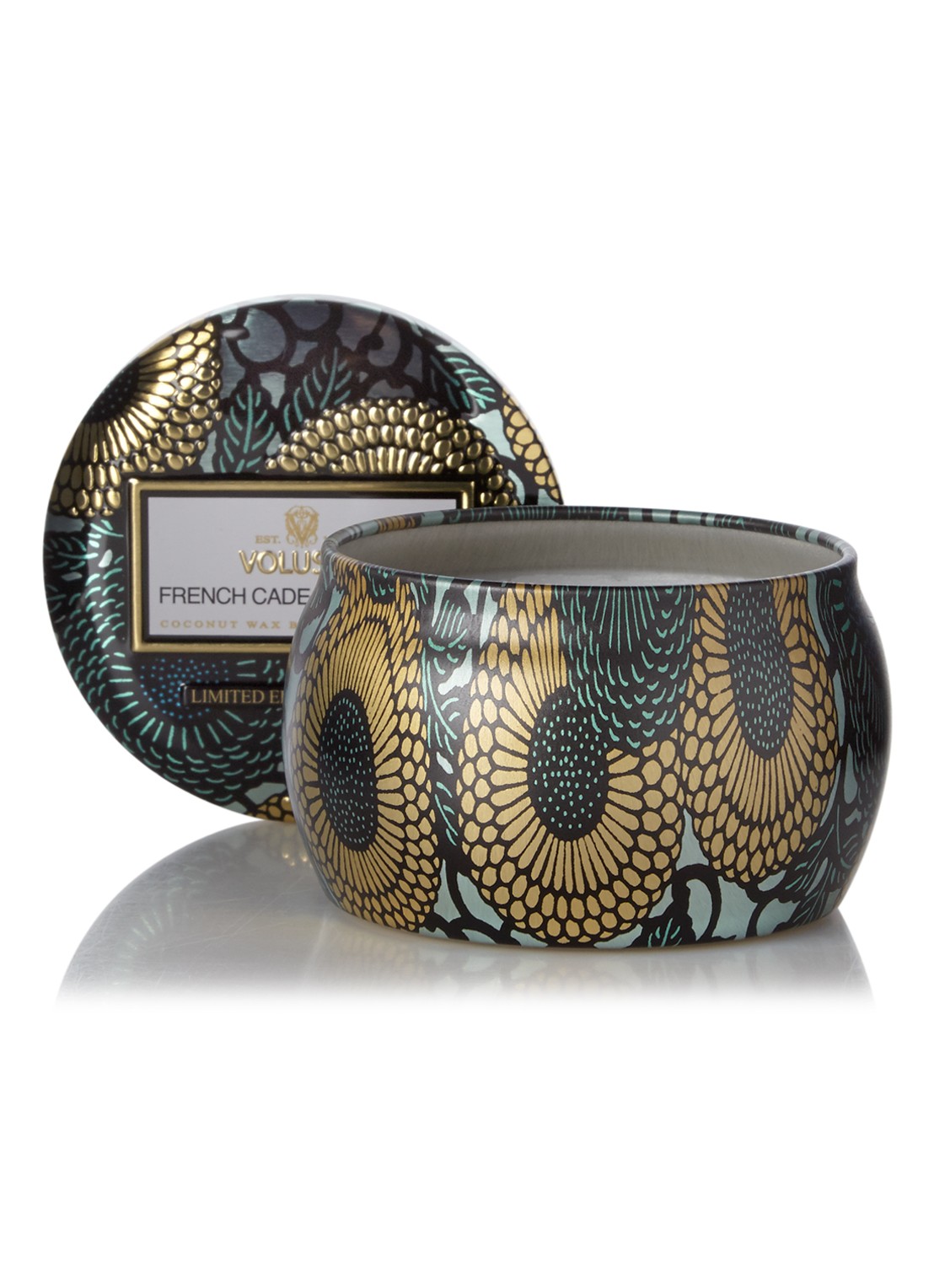 Voluspa Japonica French Cade & Lavender geurkaars - voorkant turquoise