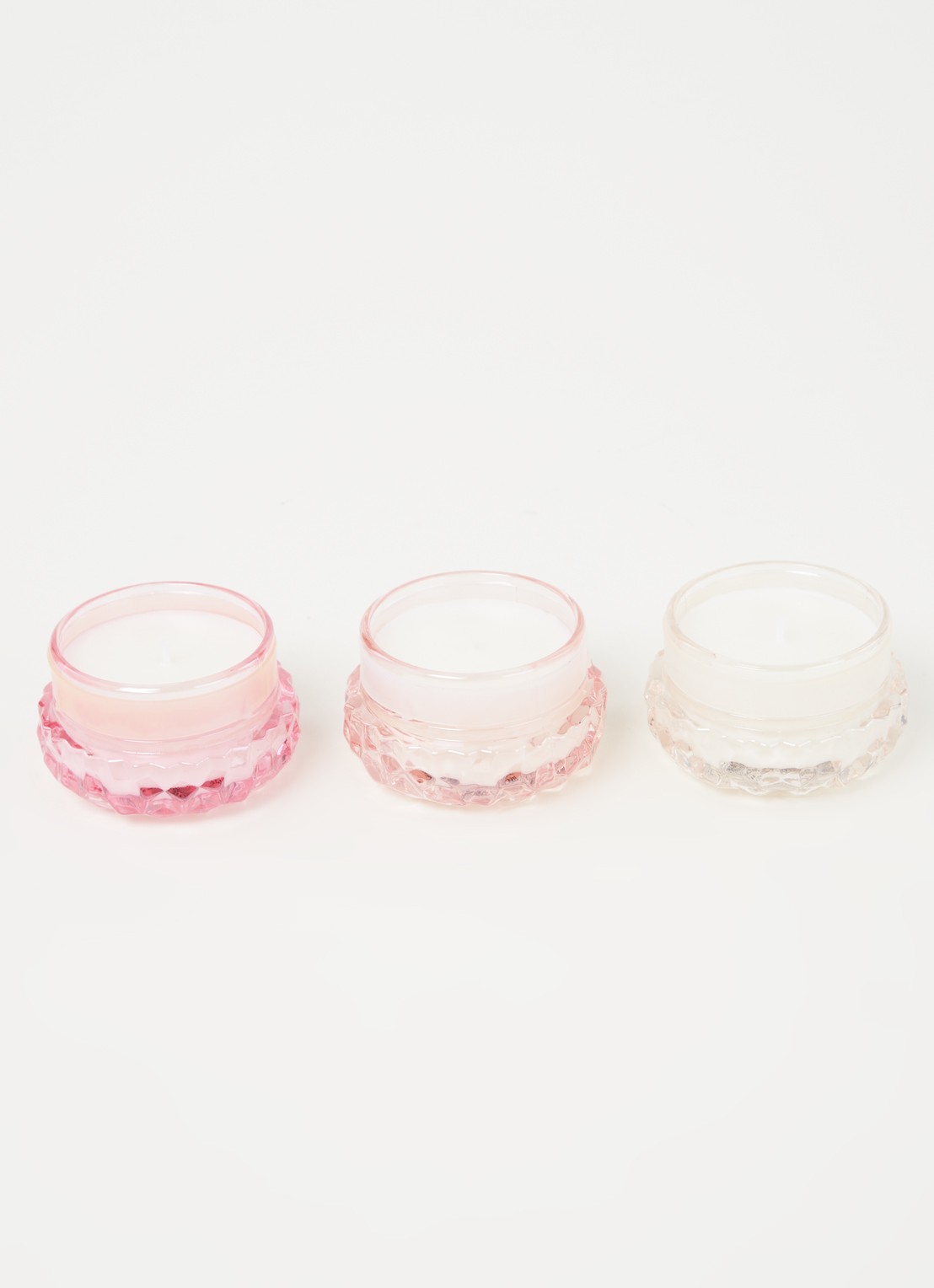 Voluspa Macaron geurkaars 51 gram set van 3  - voorkant 3 roze