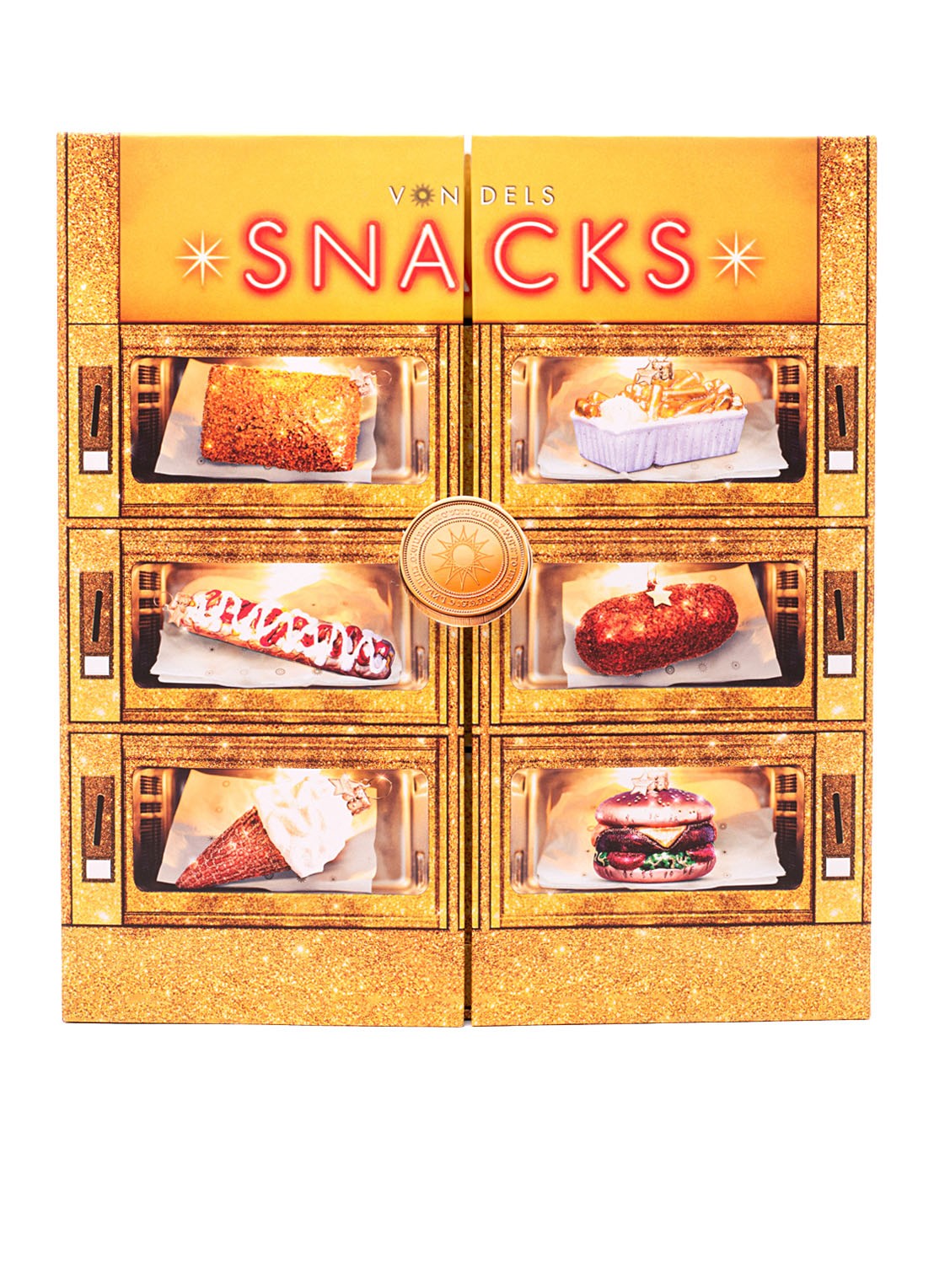 Vondels Adventskalender Snackbox kersthanger set van 6 - voorkant 4 goud