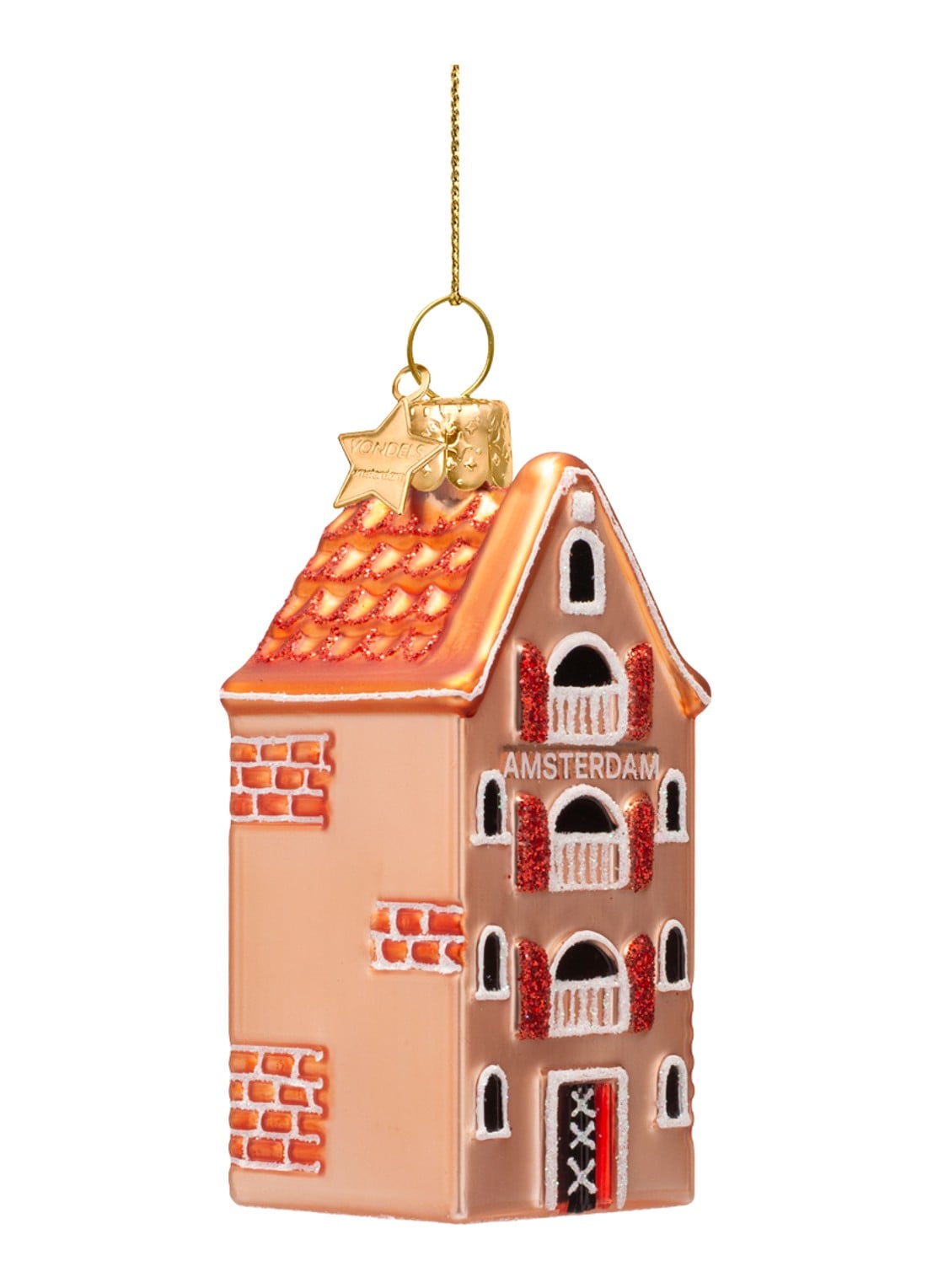 Vondels Amsterdam Grachtenpand kersthanger 9 cm - detail 2 perzikroze