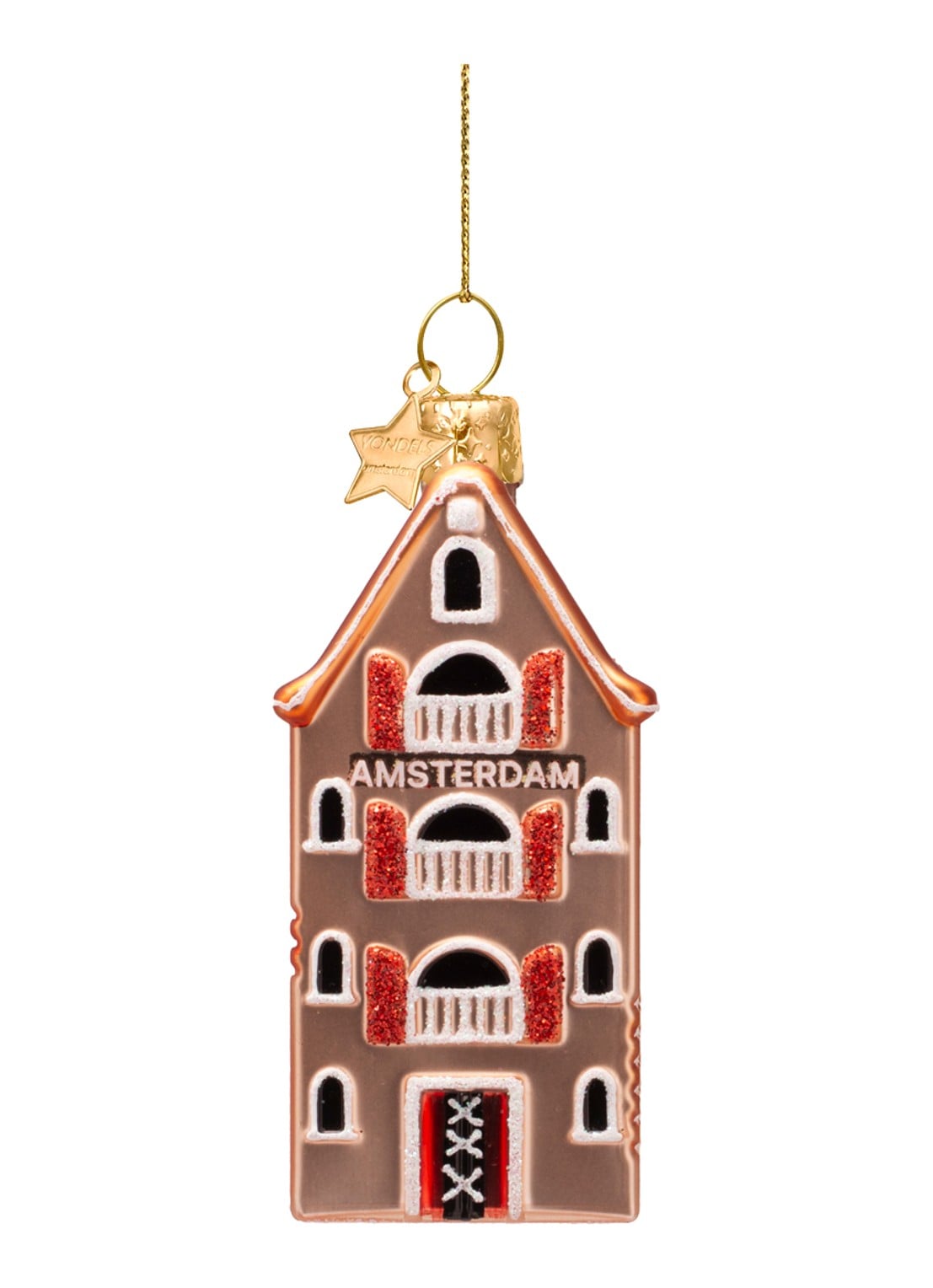 Vondels Amsterdam Grachtenpand kersthanger 9 cm - voorkant 4 perzikroze