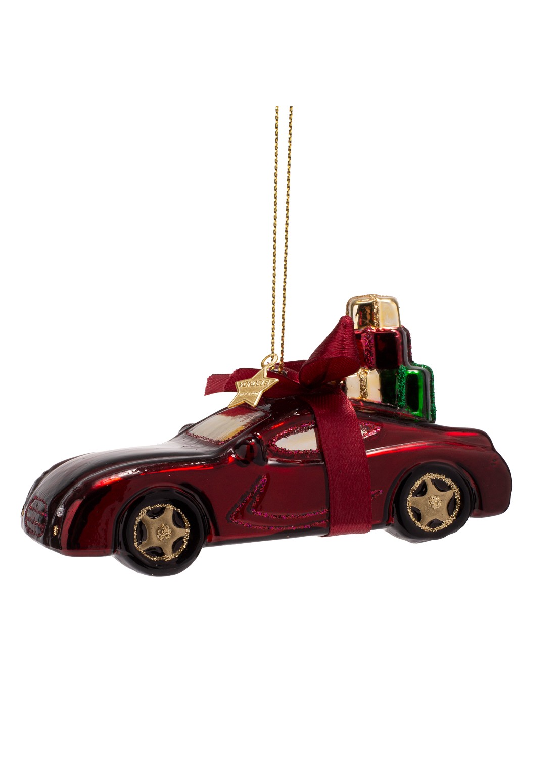 Vondels Auto Met Cadeaus kersthanger 5 cm - achterkant 5 bordeauxrood