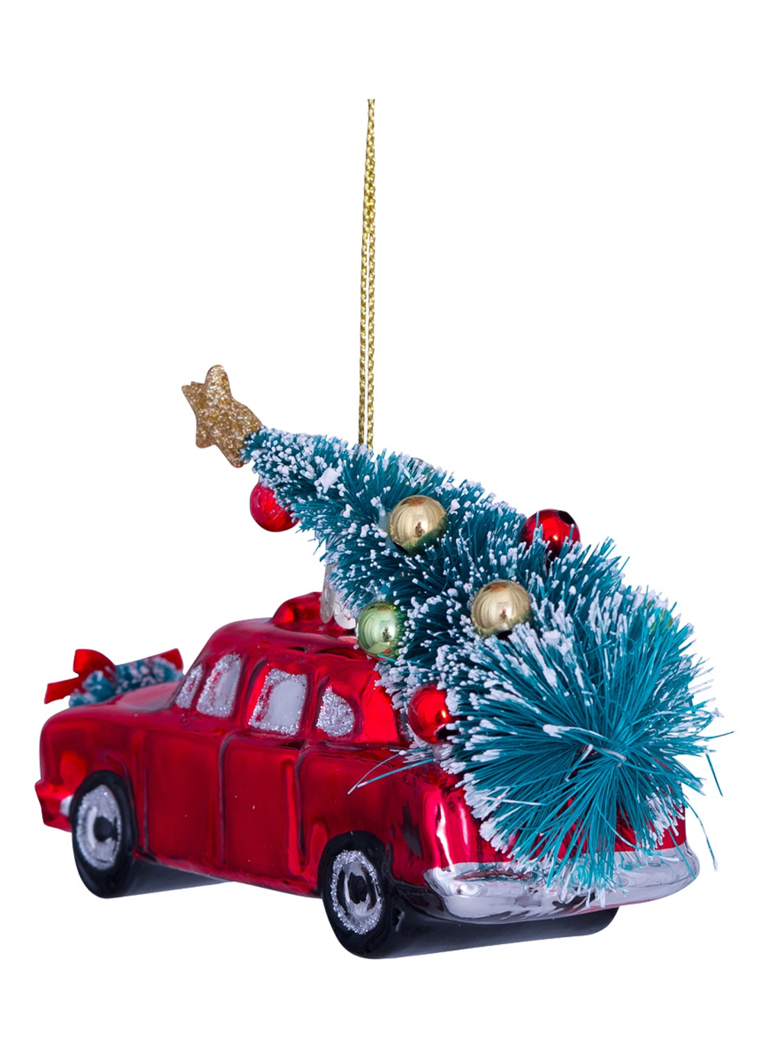 Vondels Auto met Kerstboom kersthanger 7,5 cm - achterkant 3 rood