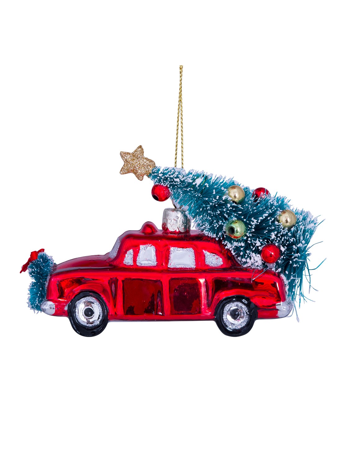 Vondels Auto met Kerstboom kersthanger 7,5 cm - detail 4 rood