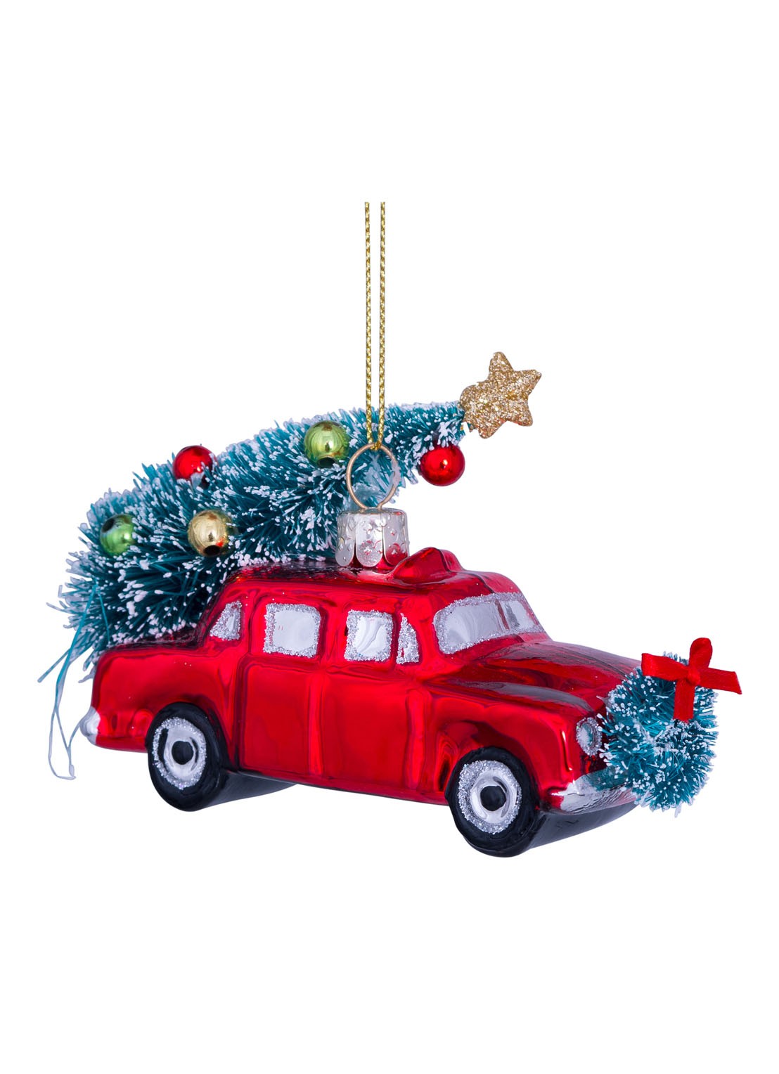 Vondels Auto met Kerstboom kersthanger 7,5 cm - detail 5 rood