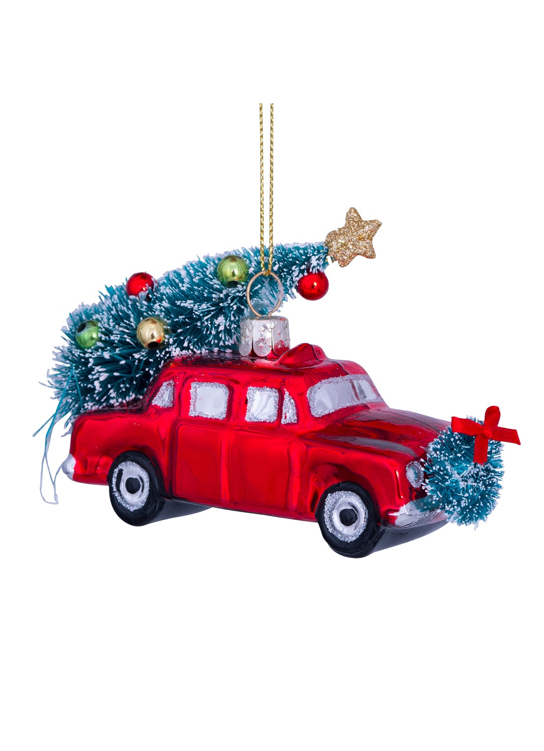 Vondels Auto met Kerstboom kersthanger 7,5 cm - voorkant rood