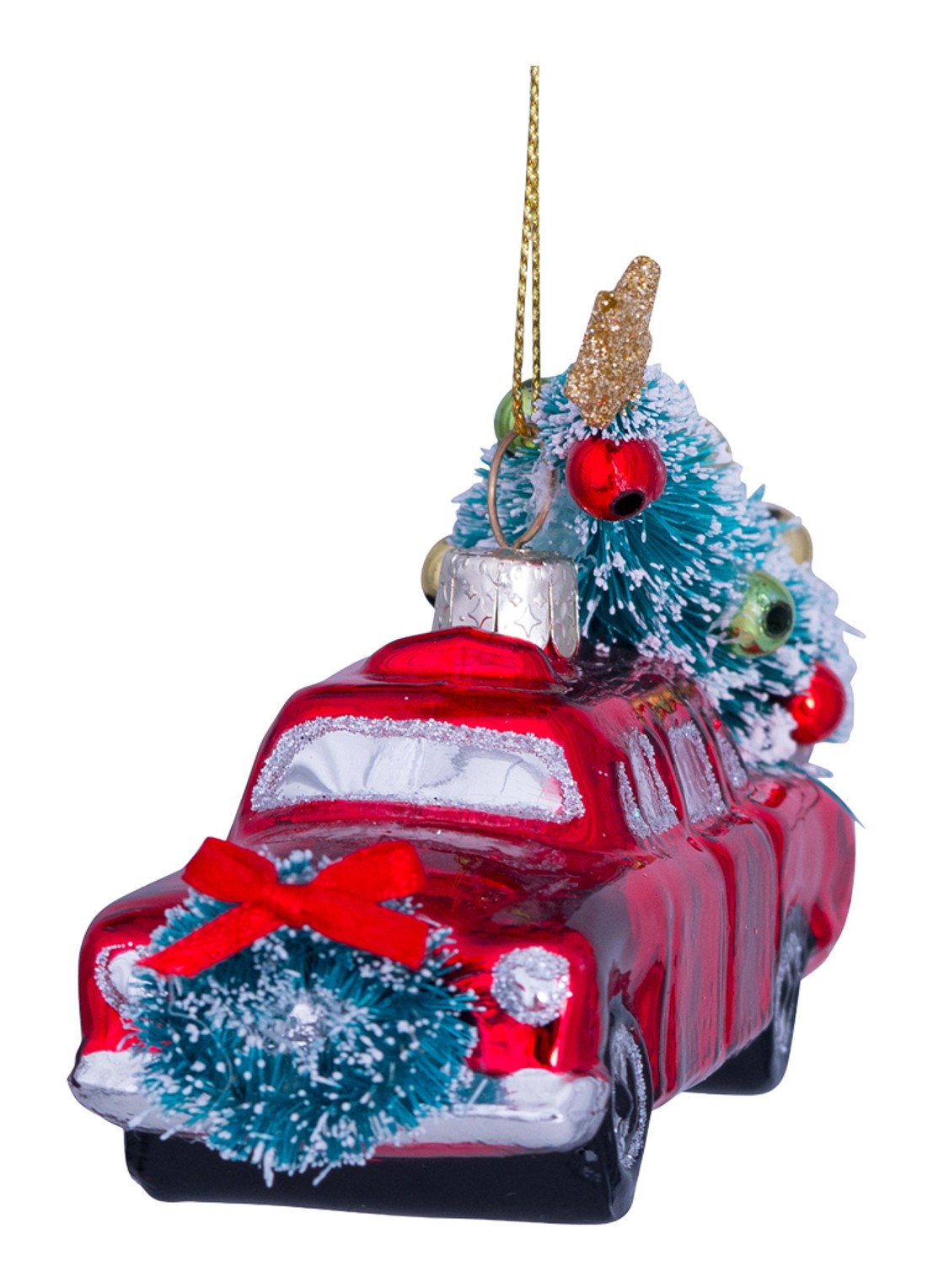 Vondels Auto met Kerstboom kersthanger 7,5 cm - voorkant 2 rood