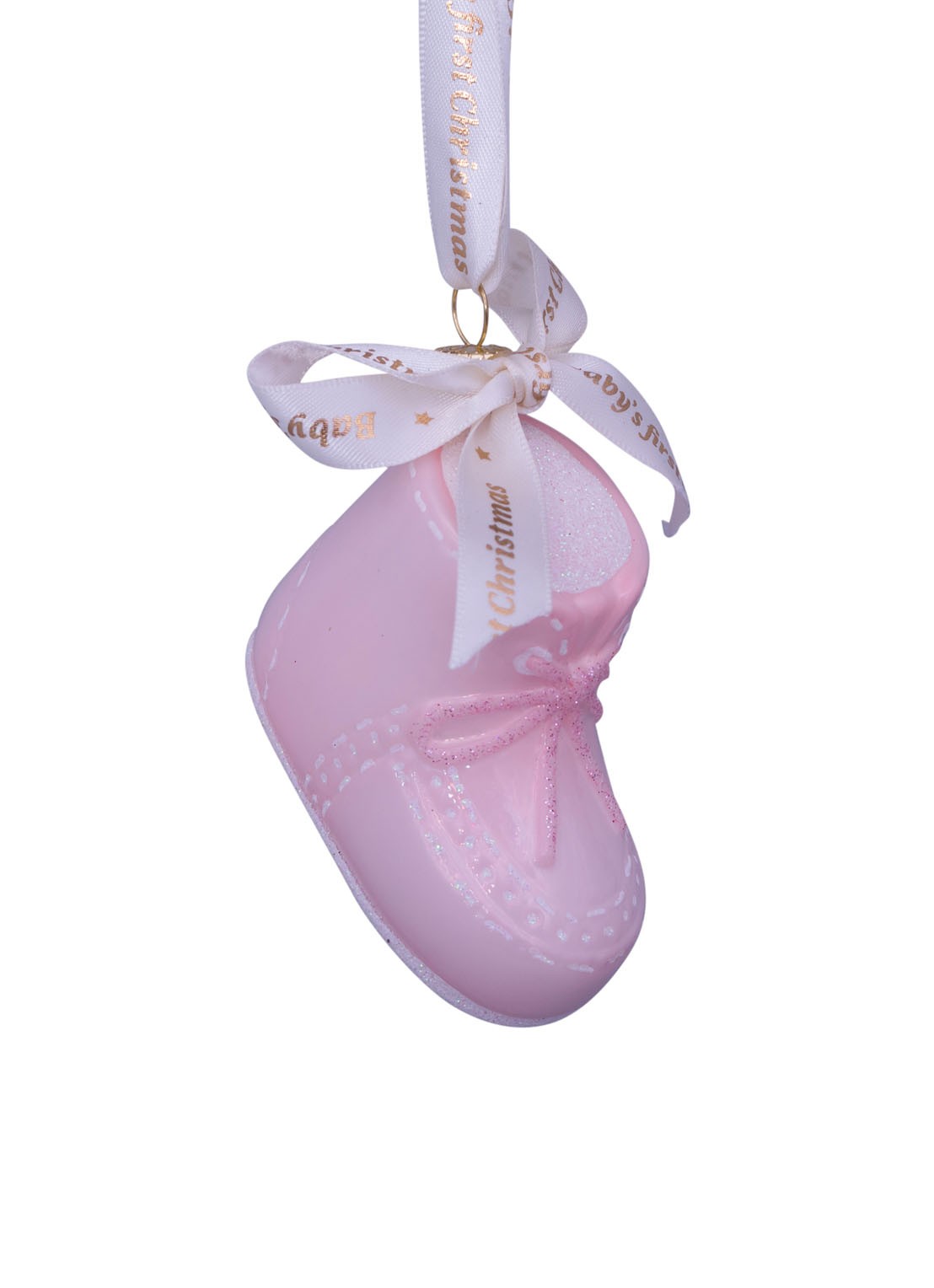Vondels Baby's Eeste Kerst Schoen kersthanger 6 cm - voorkant lichtroze