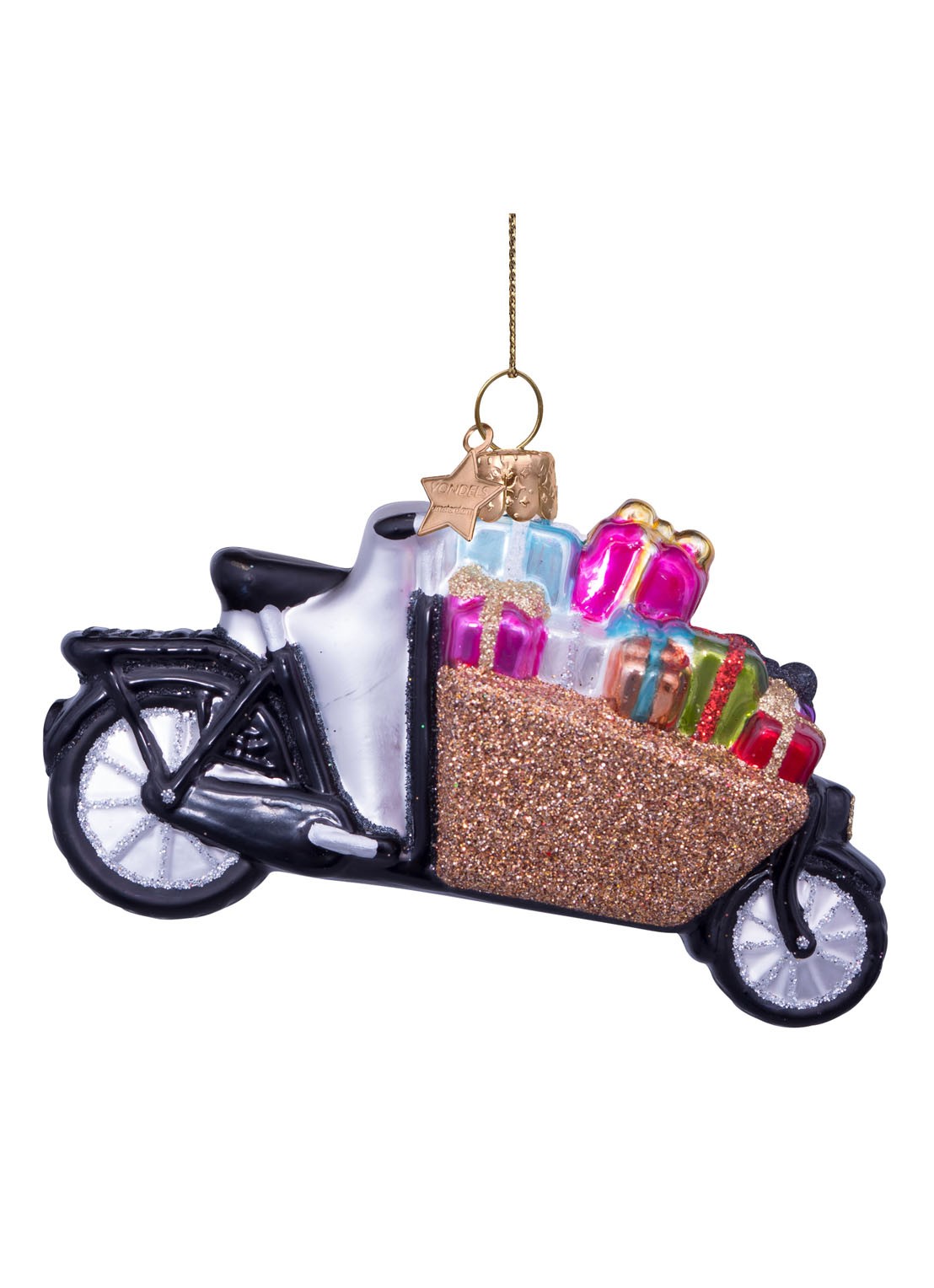 Vondels Bakfiets met cadeautjes kersthanger 6,5 cm - detail goud