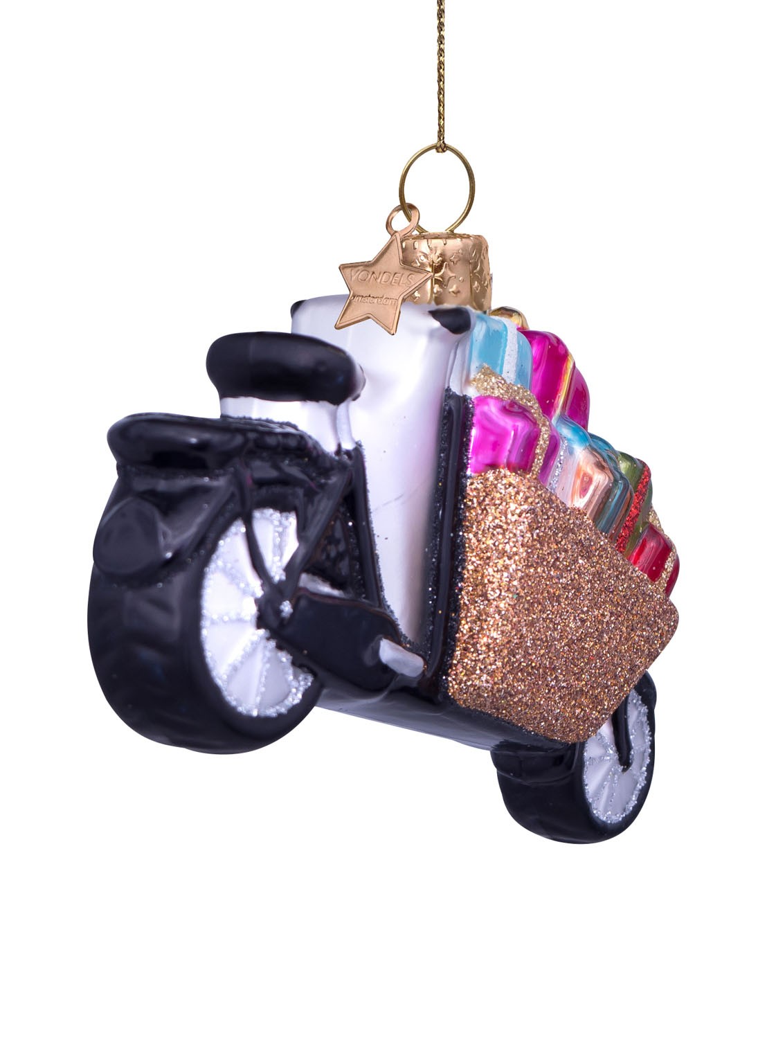 Vondels Bakfiets met cadeautjes kersthanger 6,5 cm - detail 2 goud