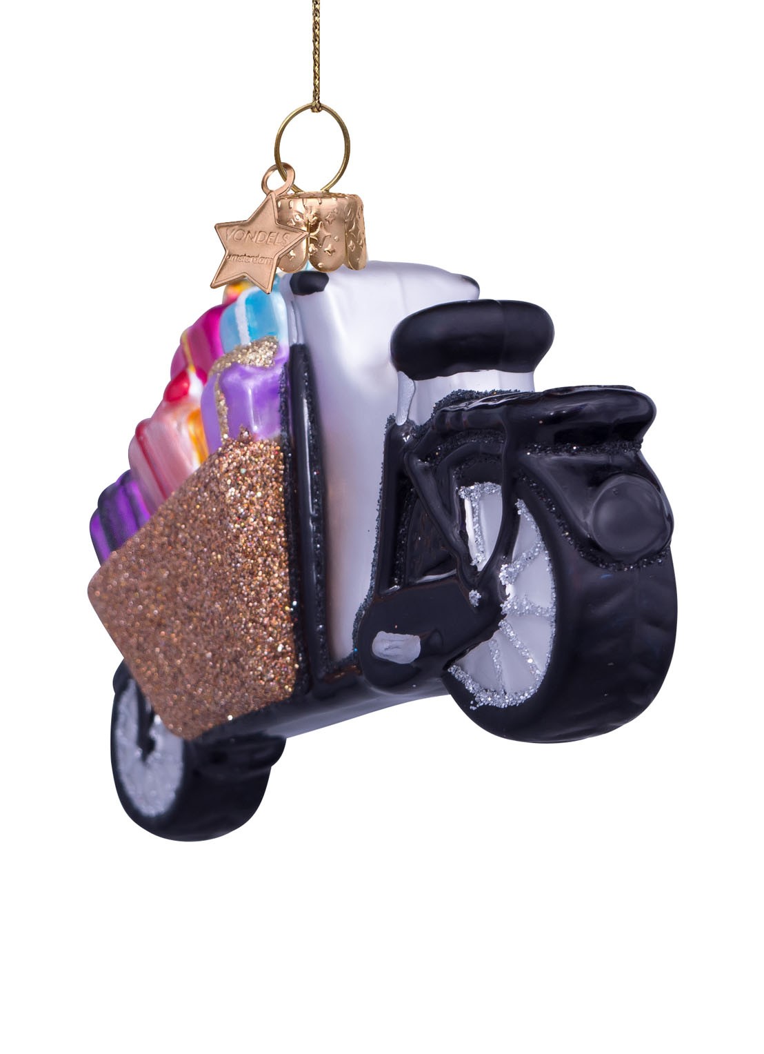 Vondels Bakfiets met cadeautjes kersthanger 6,5 cm - detail 3 goud
