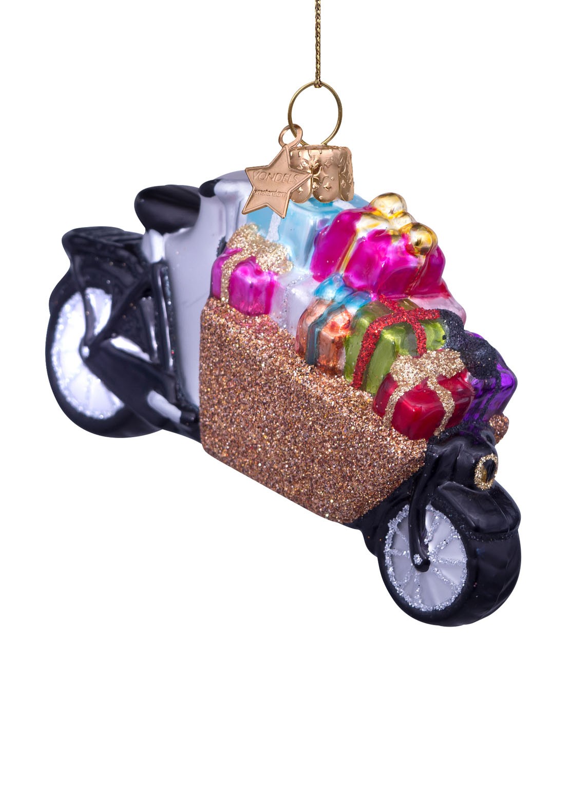 Vondels Bakfiets met cadeautjes kersthanger 6,5 cm - voorkant 4 goud