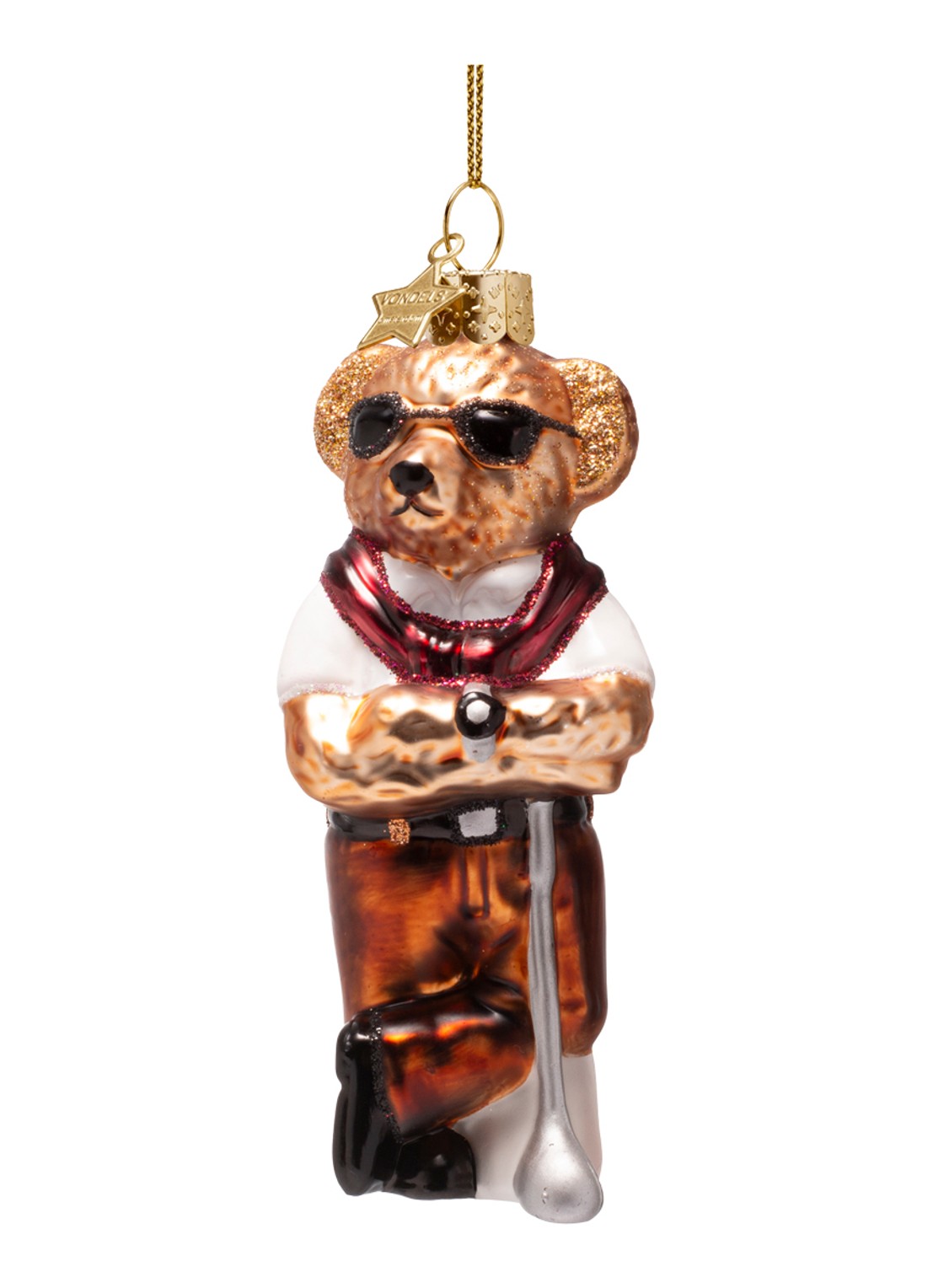 Vondels Beer in golfkleding kersthanger 11,5 cm - voorkant bruin