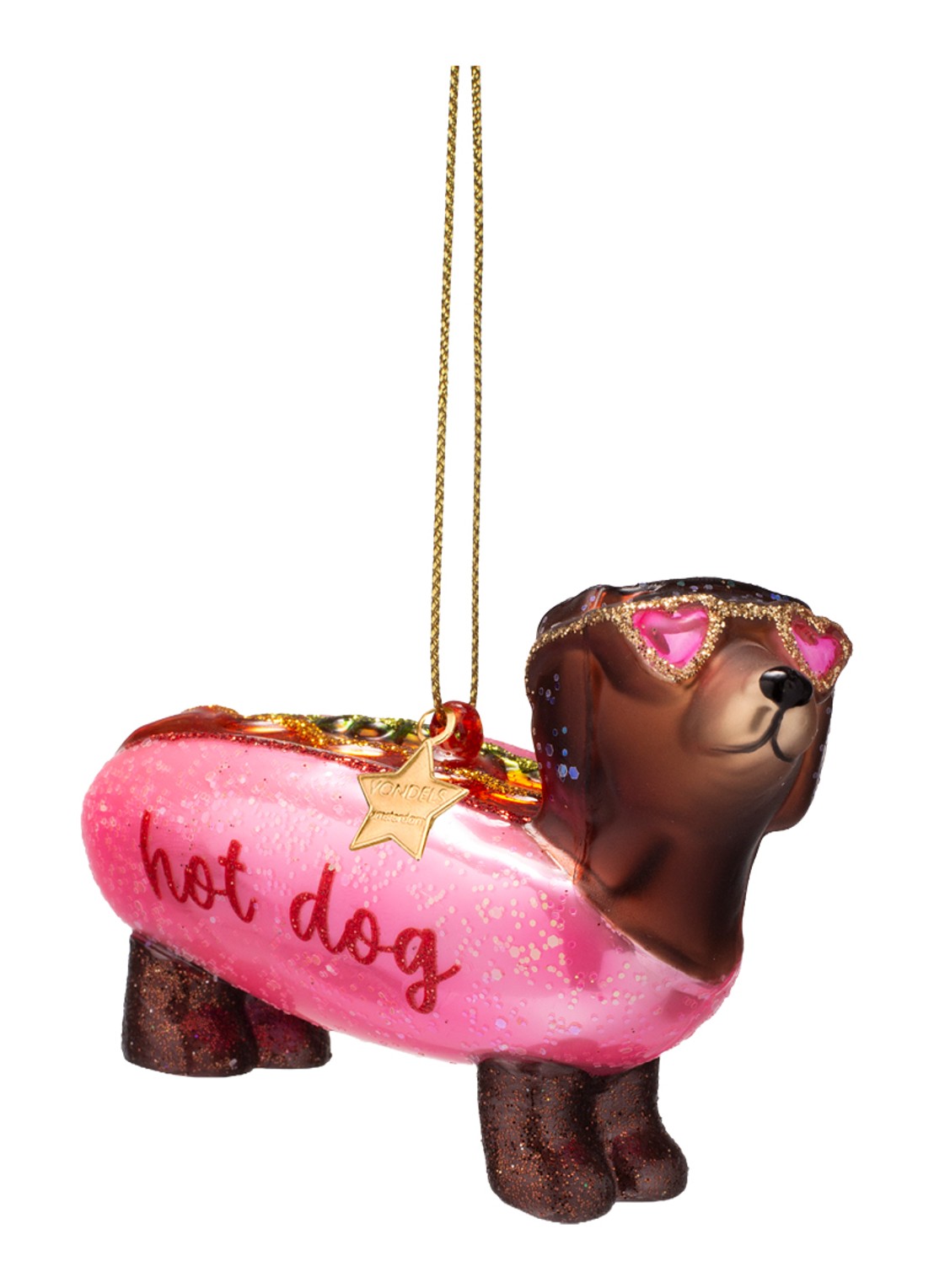 Vondels Bubblegum Hotdog Dachshund kersthanger 6 cm - detail 2 roze
