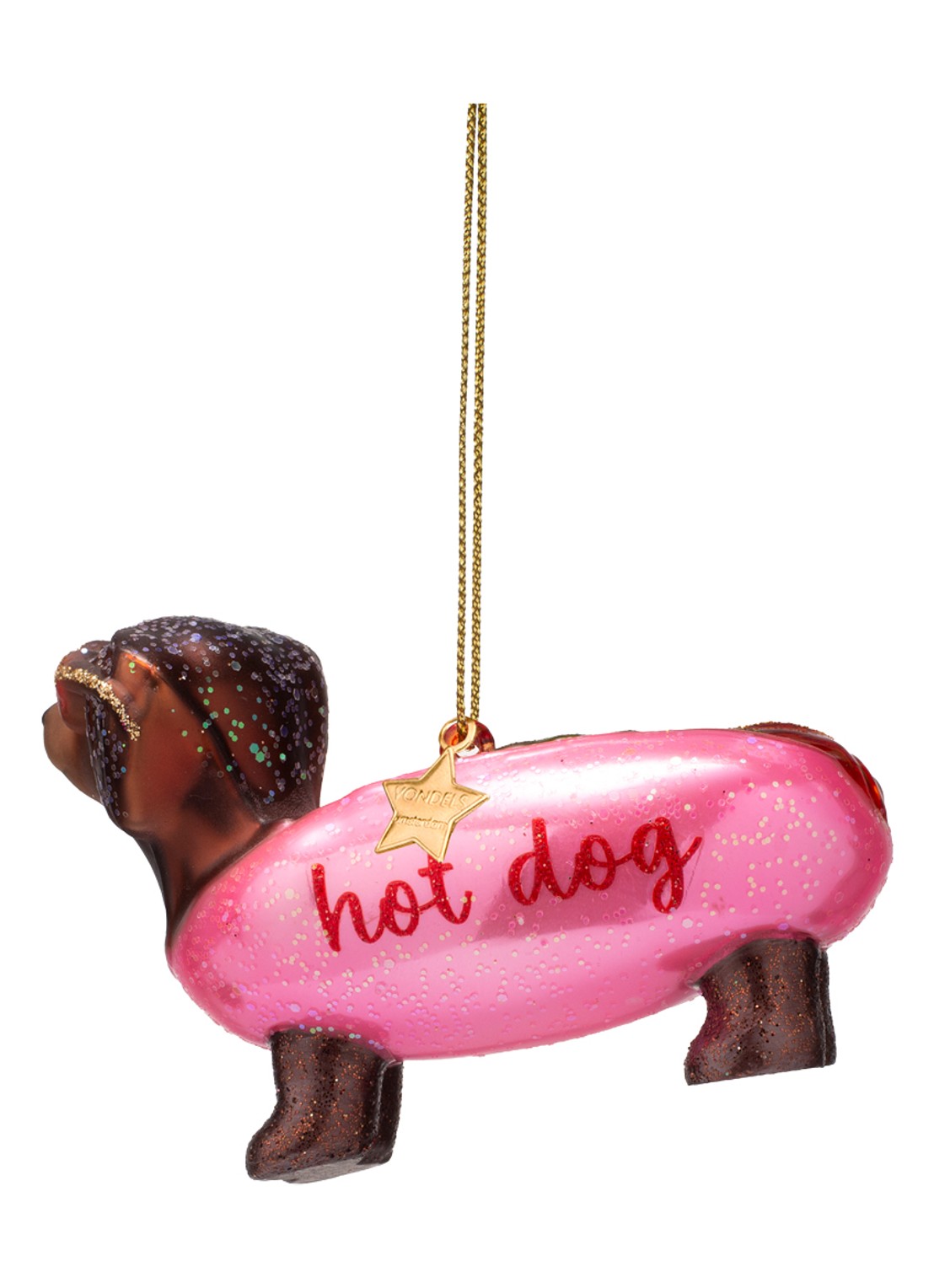 Vondels Bubblegum Hotdog Dachshund kersthanger 6 cm - detail 3 roze