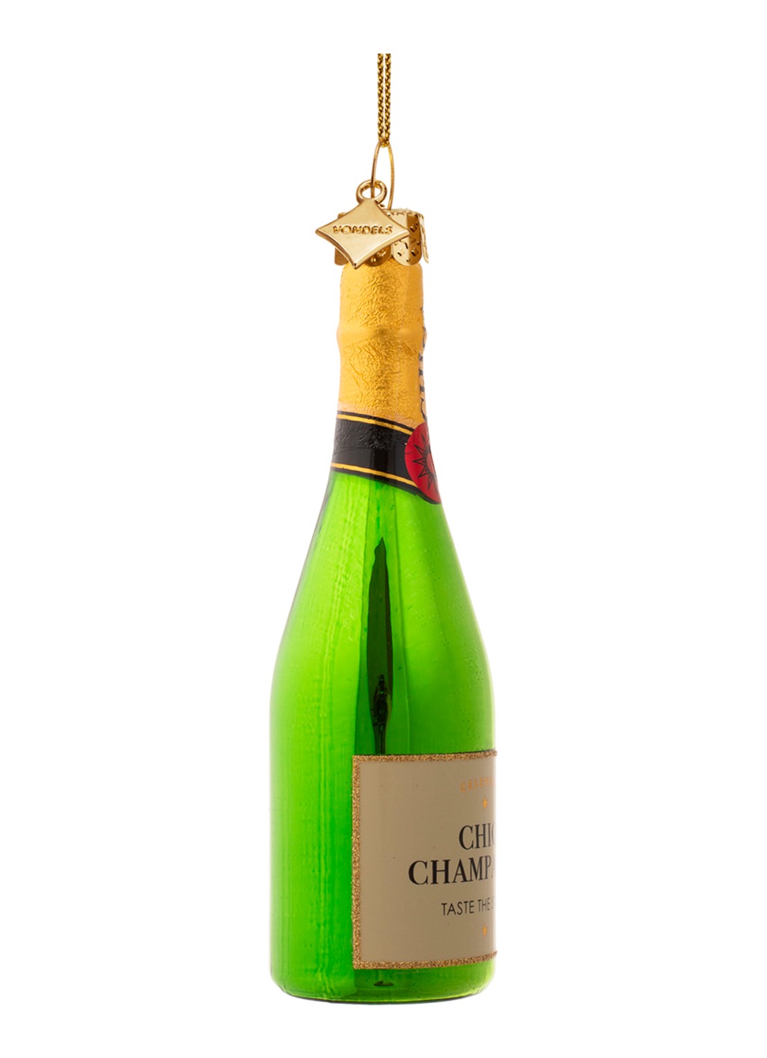 Vondels Champagne Fles kersthanger 13,5 cm - detail groen