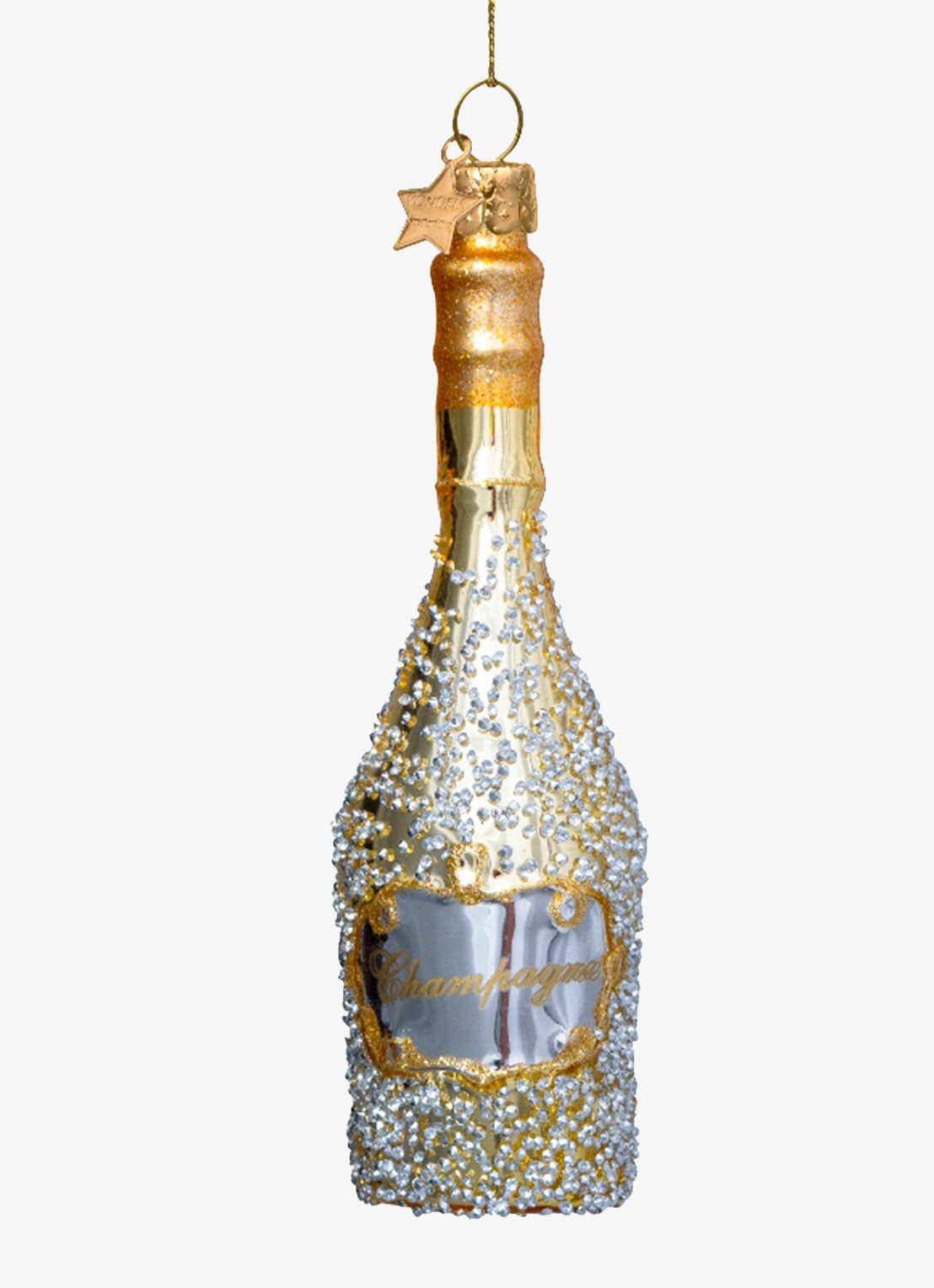 Vondels Champagne Fles kersthanger 13 cm - voorkant goud