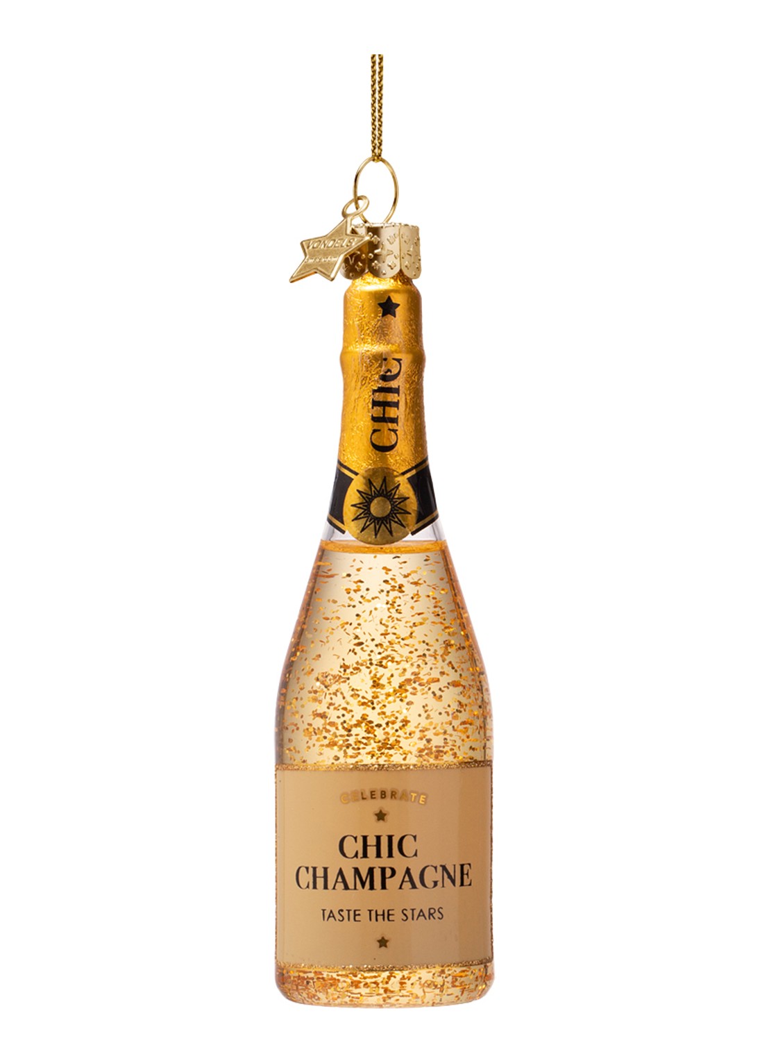 Vondels Champagne Fles kersthanger 15,5 cm - voorkant goud