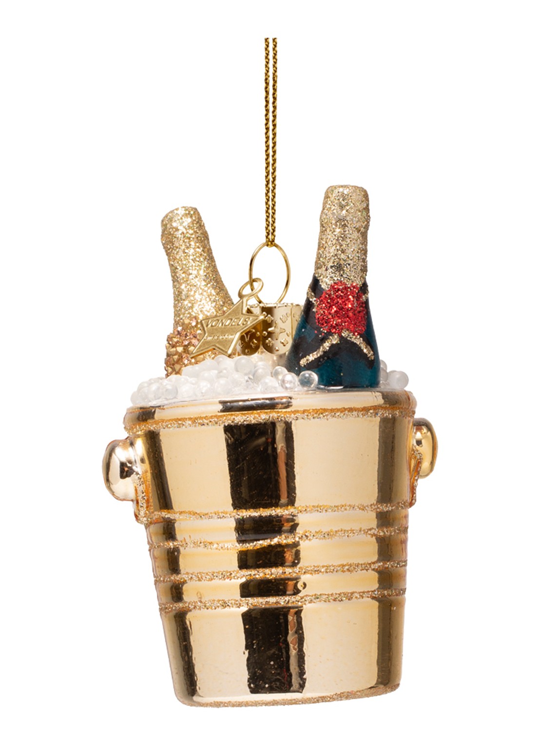 Vondels Champagne in koeler kersthanger 8,5 cm - voorkant goud