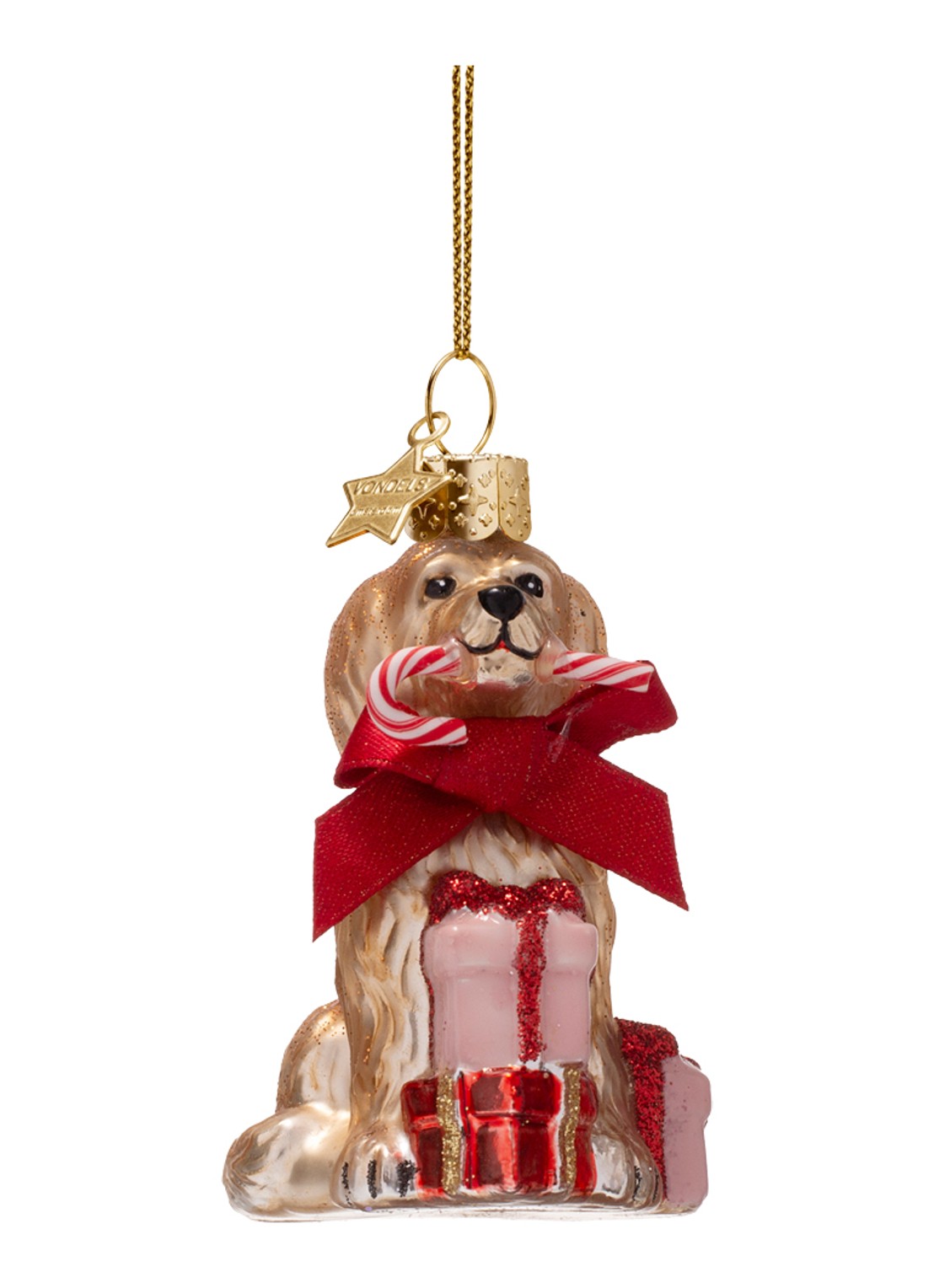 Vondels Cockapoo hond met zuurstok kersthanger 7,5 cm - voorkant 2 bruin