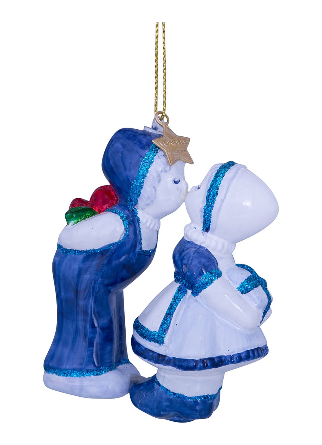 Vondels Delfts Blauw Kussende Koppel kersthanger 8,5 cm - voorkant blauw