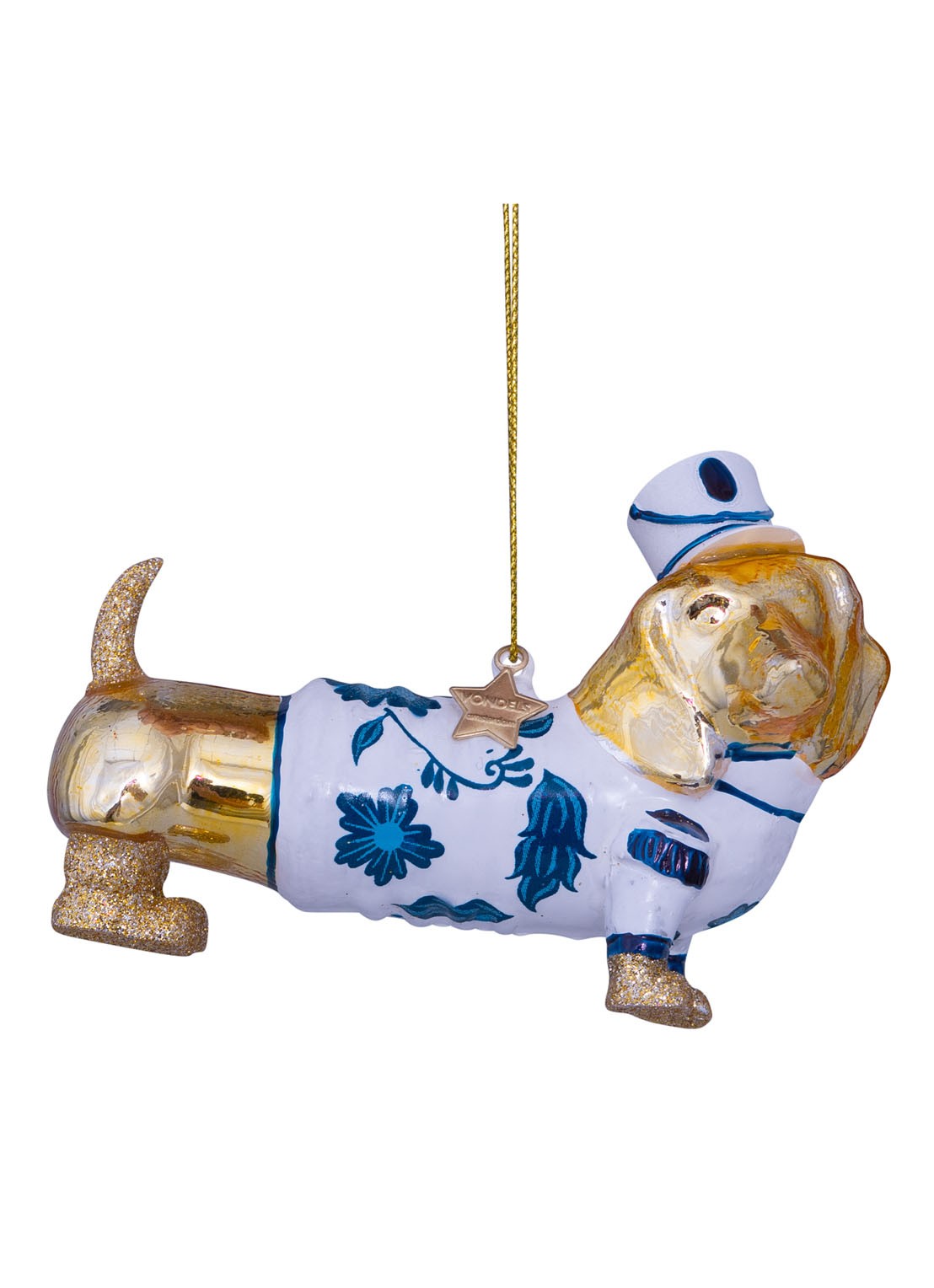 Vondels Delfts Blauw Teckel kersthanger 8 cm - voorkant goud