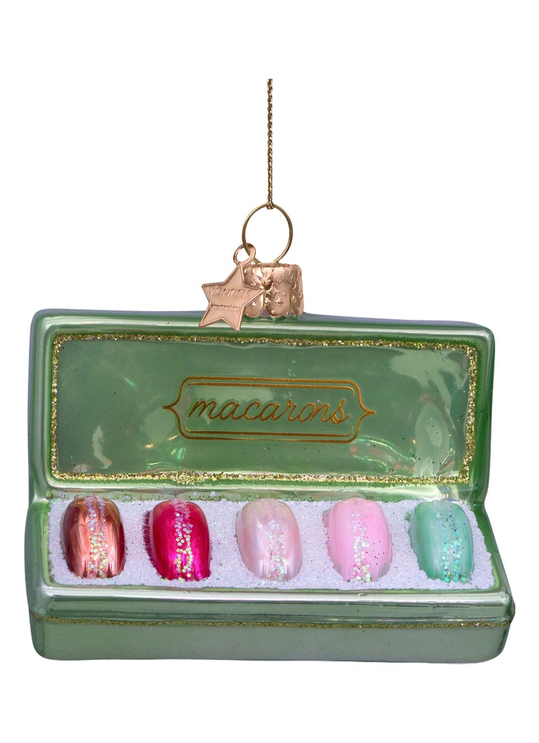 Vondels Doos met macarons kersthanger 5 cm - voorkant 3 groen