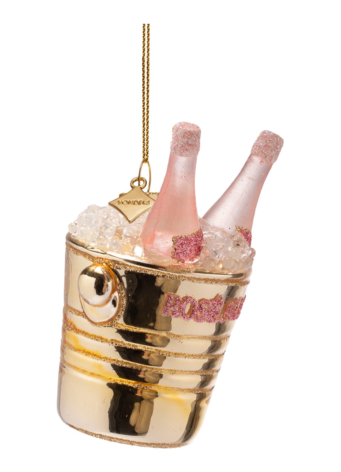 Vondels Flessen Rosé In Wijnkoeler kersthanger 9 cm - voorkant 3 goud