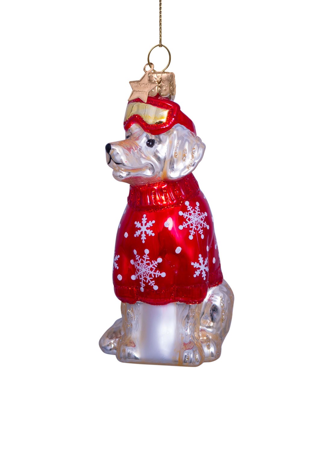 Vondels Golden retriever in ski outfit kersthanger 9,5 cm - detail 2 rood