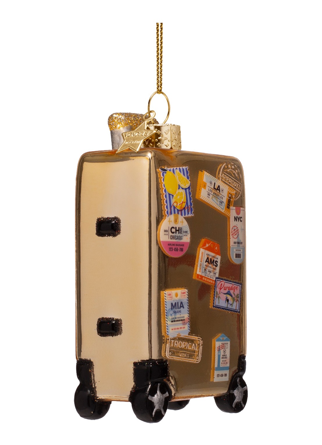 Vondels Gouden Koffer Met Stickers kersthanger 9,5cm - detail goud
