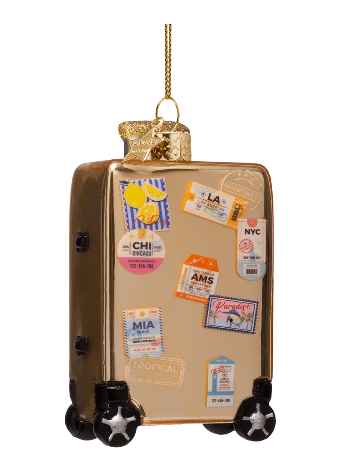 Vondels Gouden Koffer Met Stickers kersthanger 9,5cm - voorkant 4 goud
