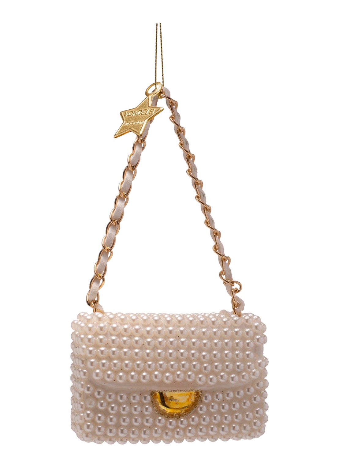 Vondels Handtas Met Pearls All Over kersthanger 6 cm - voorkant wit