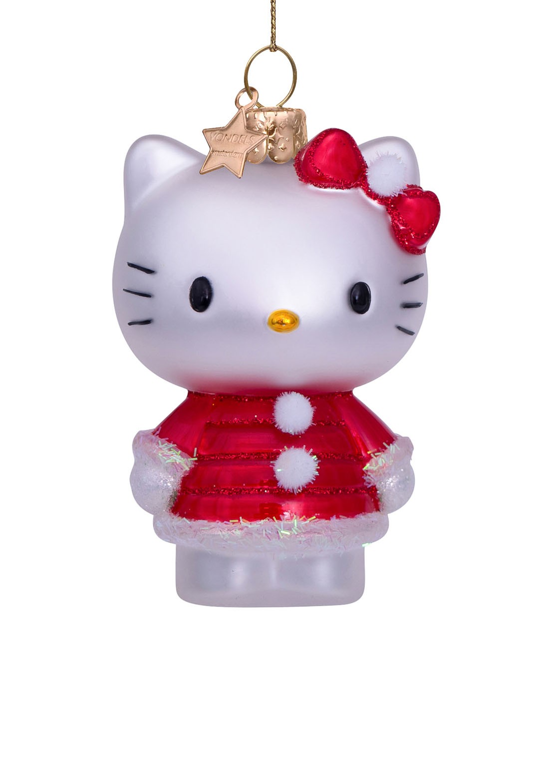 Vondels Hello Kitty in kerstjurk kersthanger 9 cm - voorkant rood