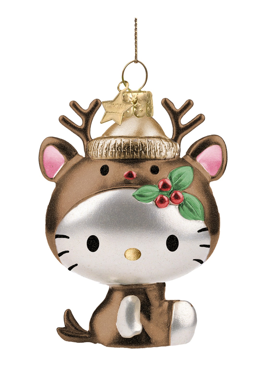 Vondels Hello Kitty in rendierpak kersthanger 9,5 cm - voorkant 3 brons