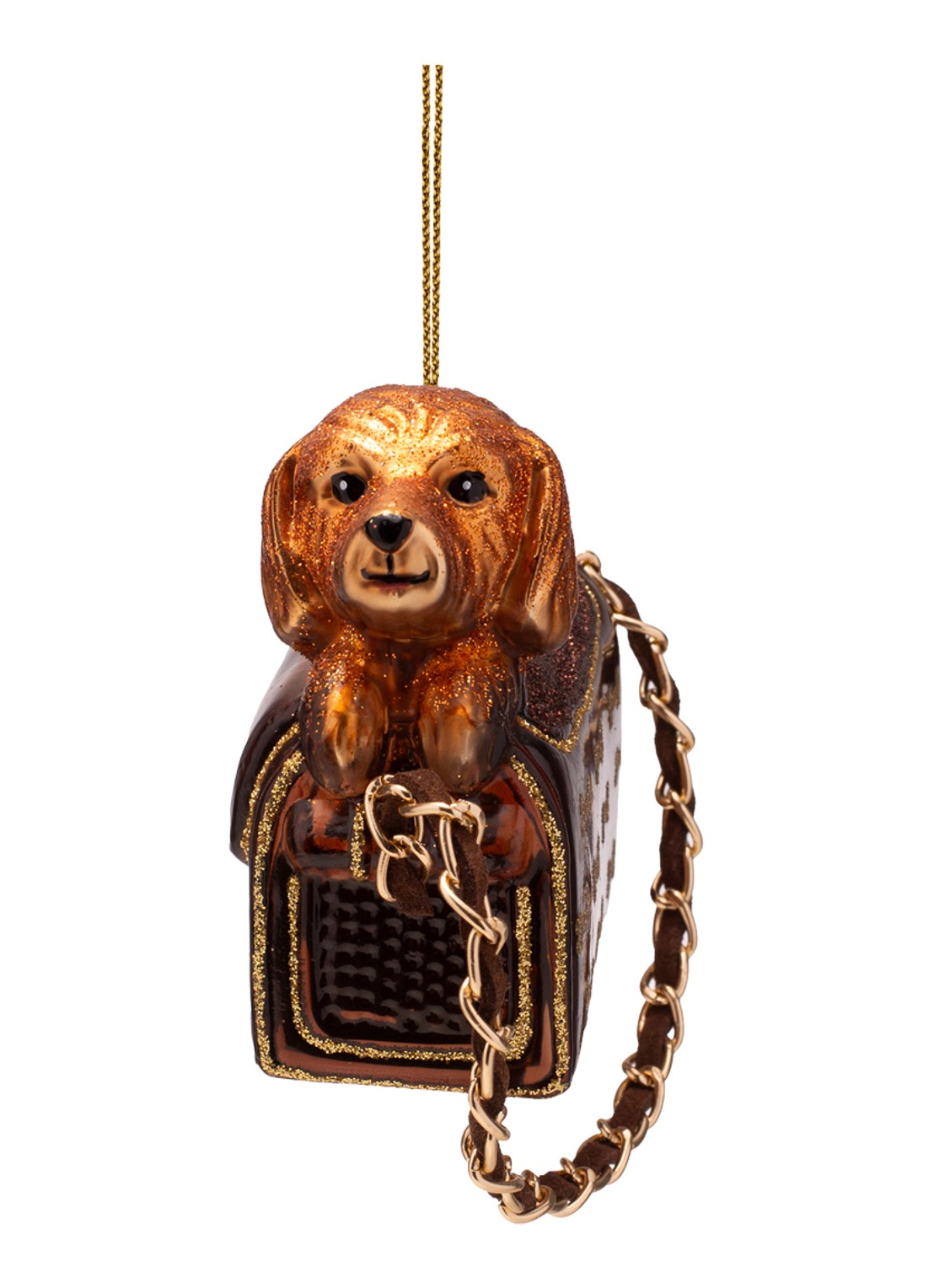 Vondels Hond In Tas Met Glitterbotten kersthanger 7,5 cm - voorkant 4 roodbruin