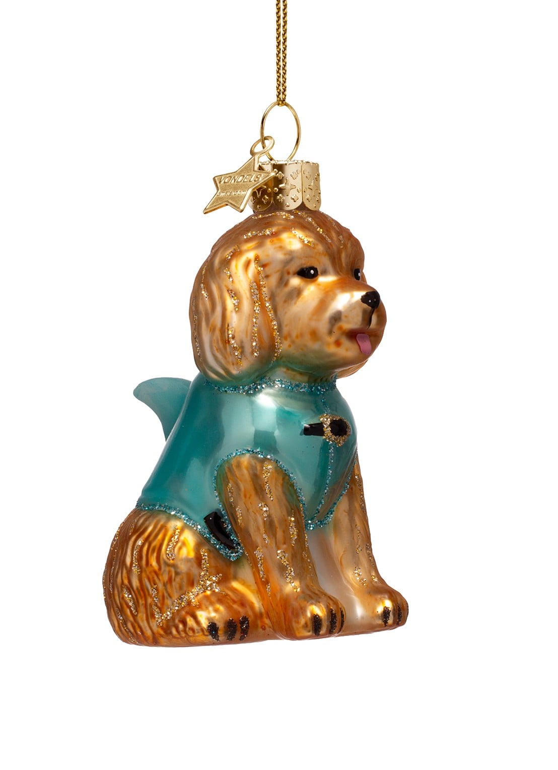 Vondels Hond met haaienkostuum kersthanger 8,5 cm - voorkant bruin