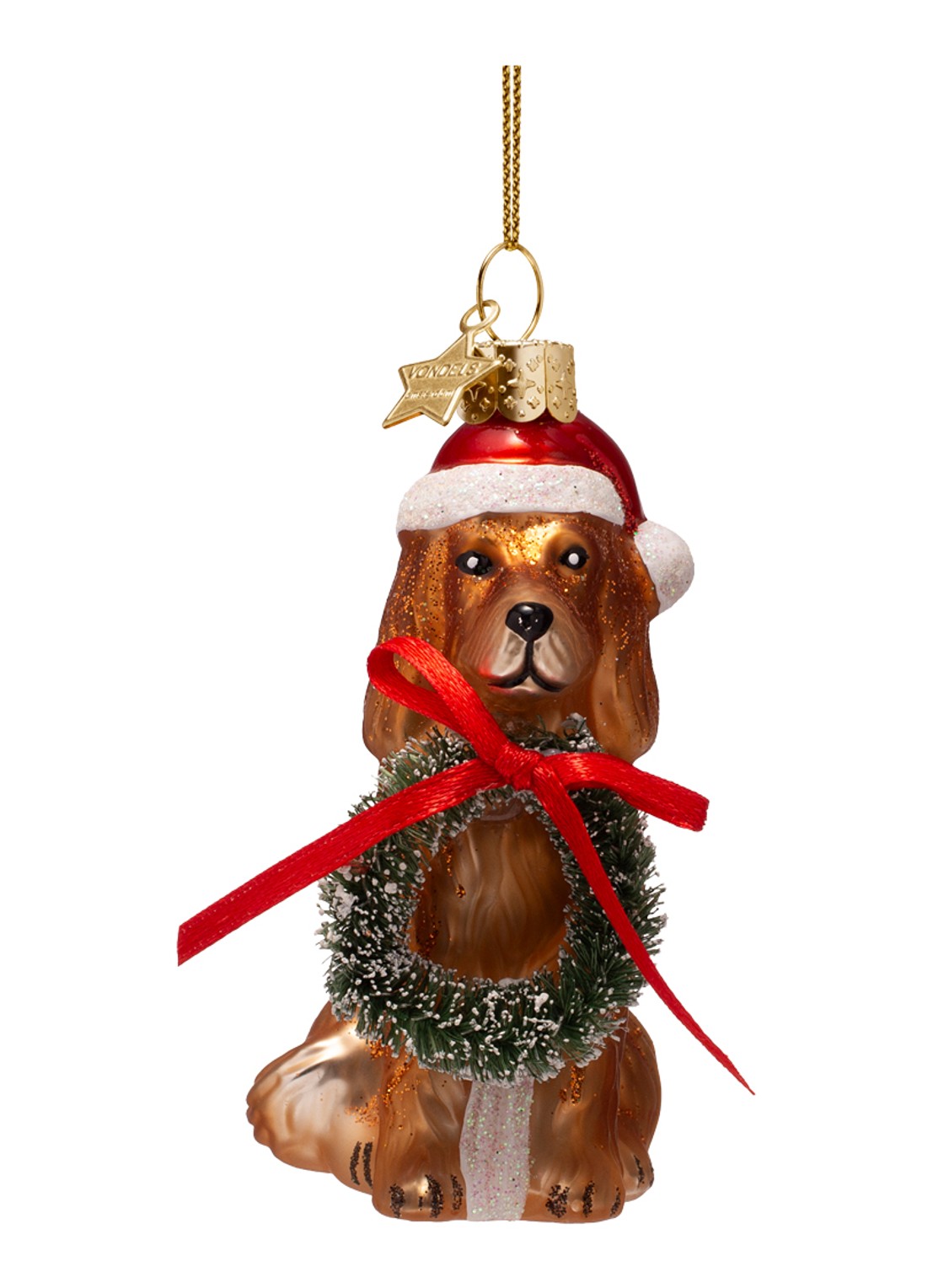 Vondels Kerst Hond Met Lauwerkrans kersthanger 9 cm - voorkant 3 cognac