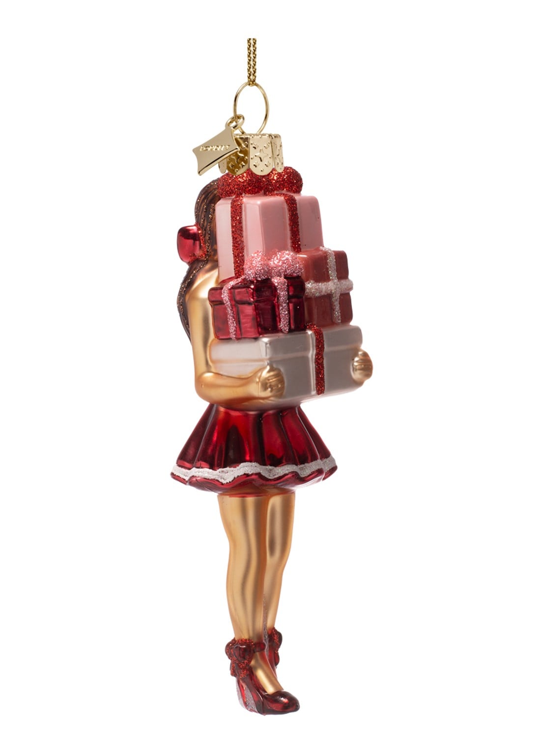 Vondels Meisje met geschenkdozen kersthanger 14,5 cm - voorkant rood