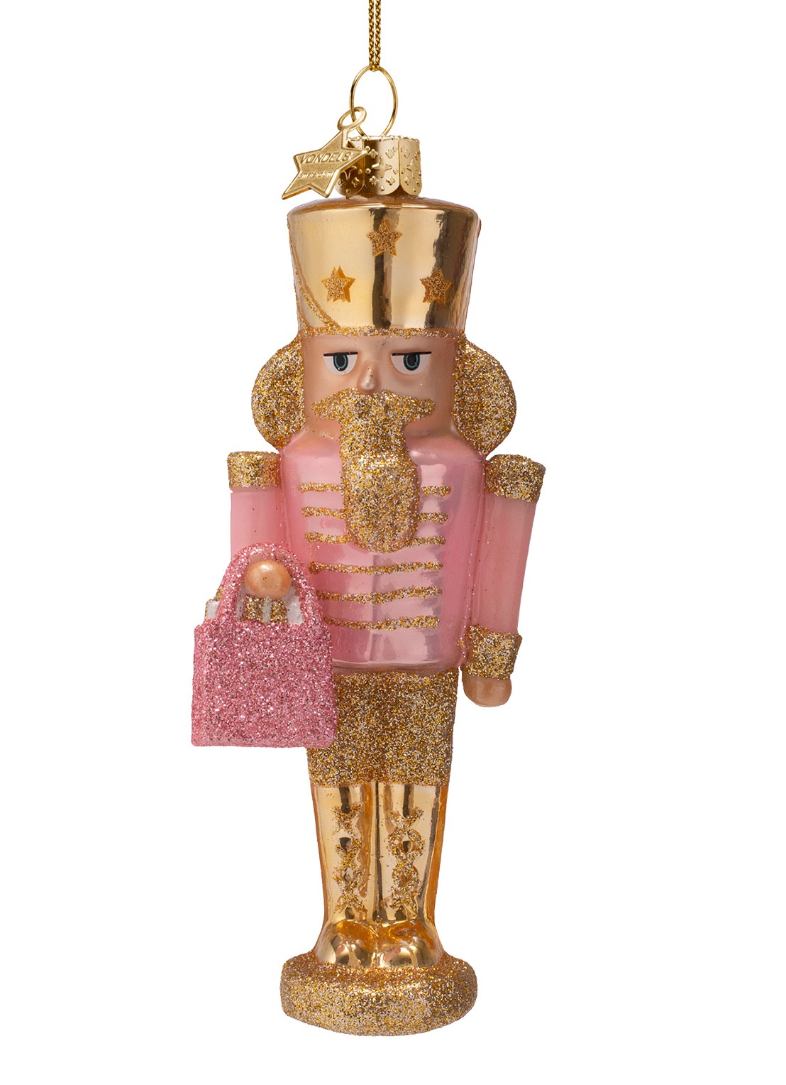 Vondels Notenkraker met boodschappentas kersthanger 15,5 cm - voorkant 4 roze