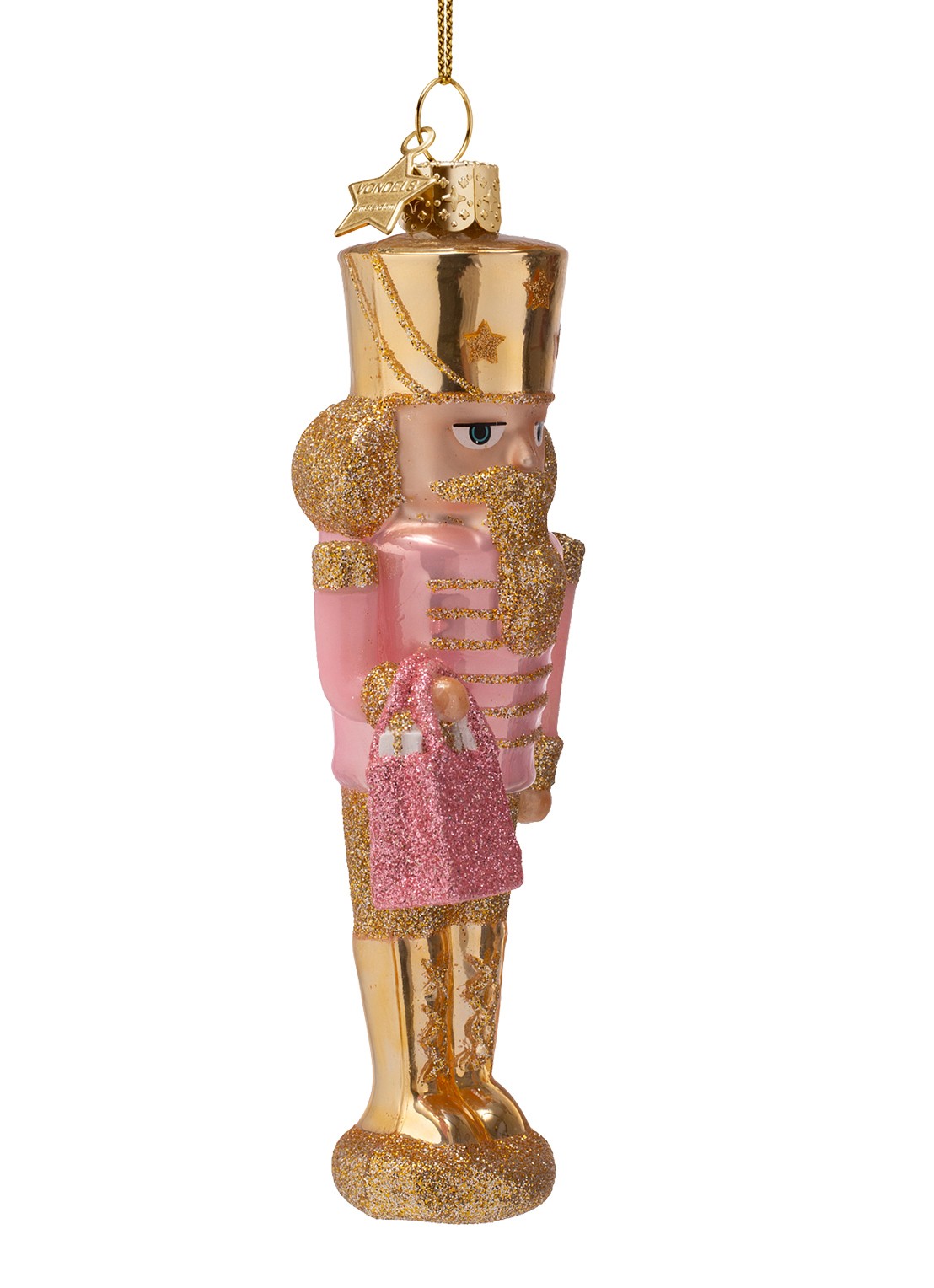 Vondels Notenkraker met boodschappentas kersthanger 15,5 cm - voorkant 5 roze