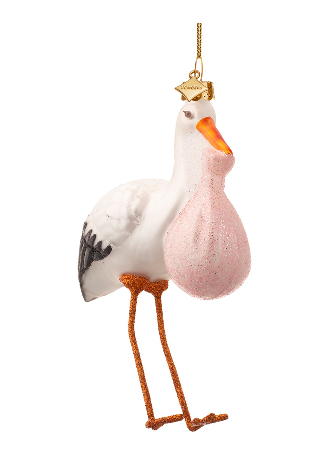 Vondels Ooievaar Met Baby kersthanger 11,5 cm - voorkant 2 roze