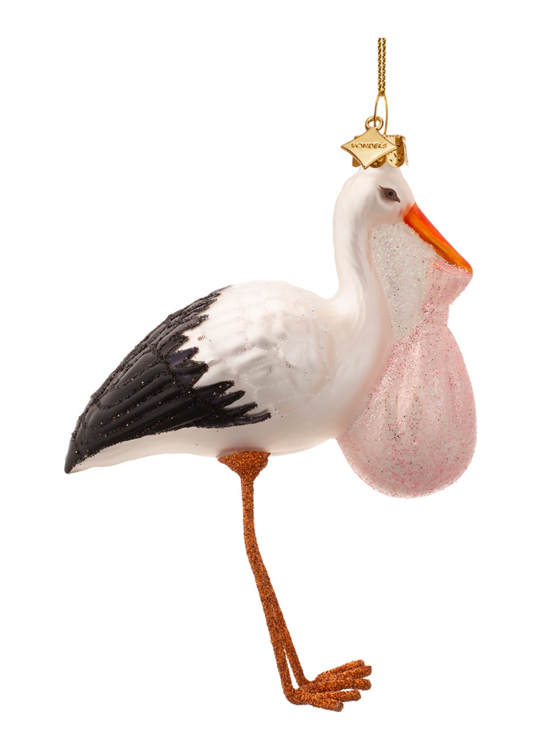 Vondels Ooievaar Met Baby kersthanger 11,5 cm - voorkant 3 roze