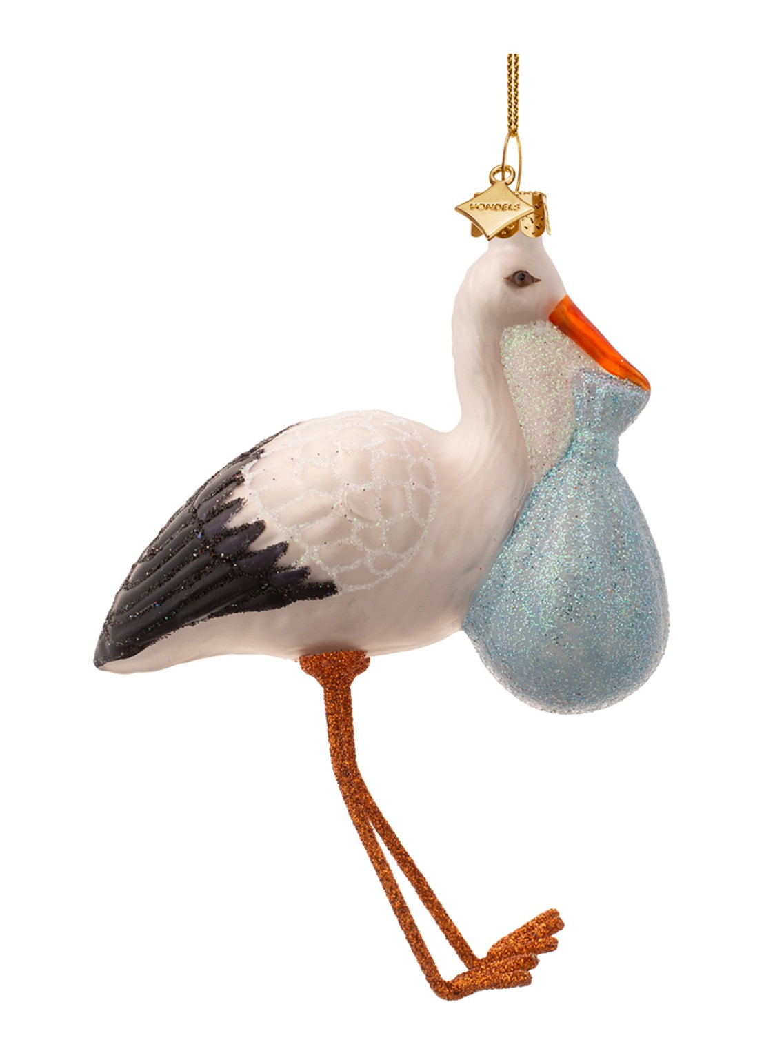 Vondels Ooievaar Met Baby kersthanger 11,5 cm - voorkant 3 blauw
