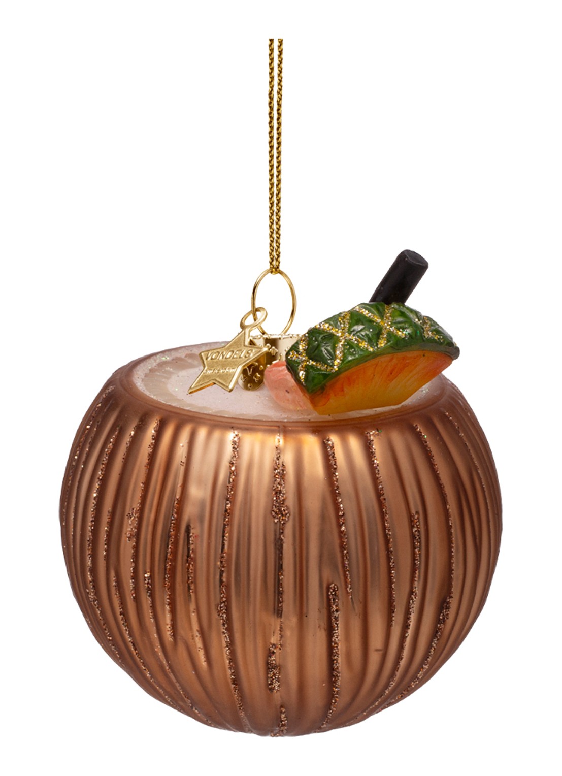 Vondels Pina Colada cocktail kokosnoot kersthanger 8 cm - achterkant 3 brons
