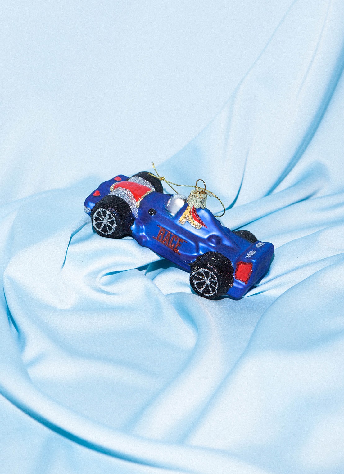 Vondels Raceauto kersthanger 5 cm - voorkant 2 kobaltblauw