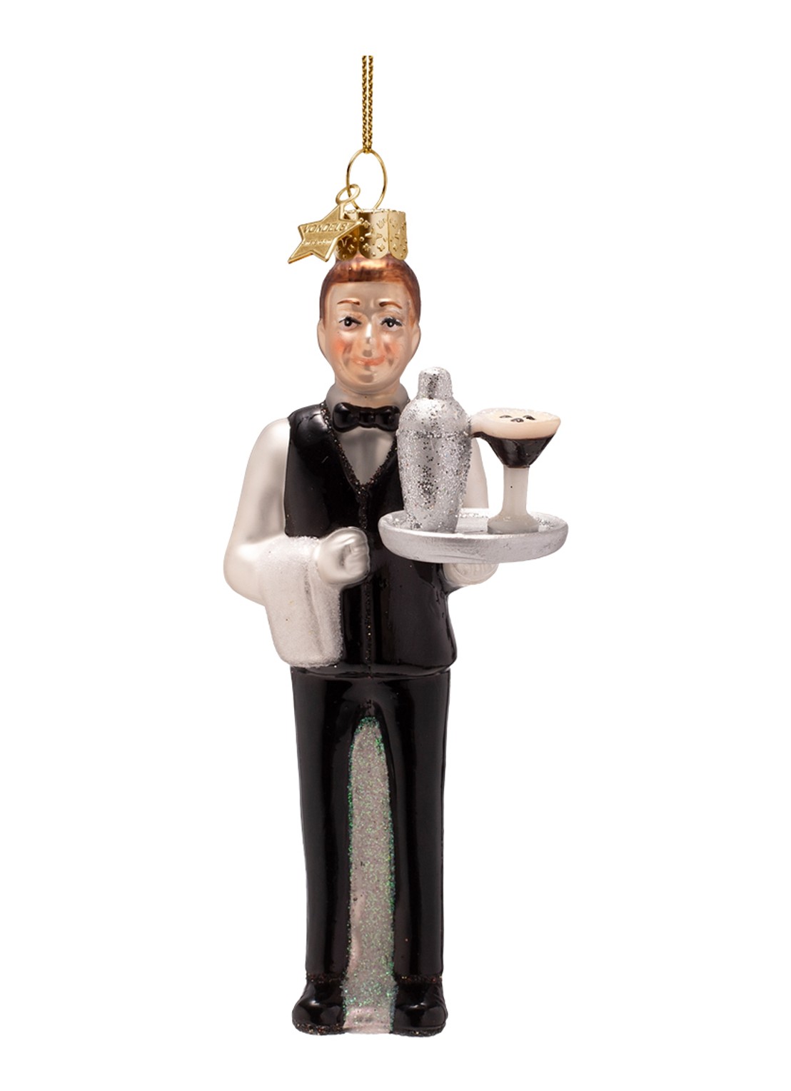 Vondels Serveerster met cocktail kersthanger 13 cm - voorkant 3 zwart