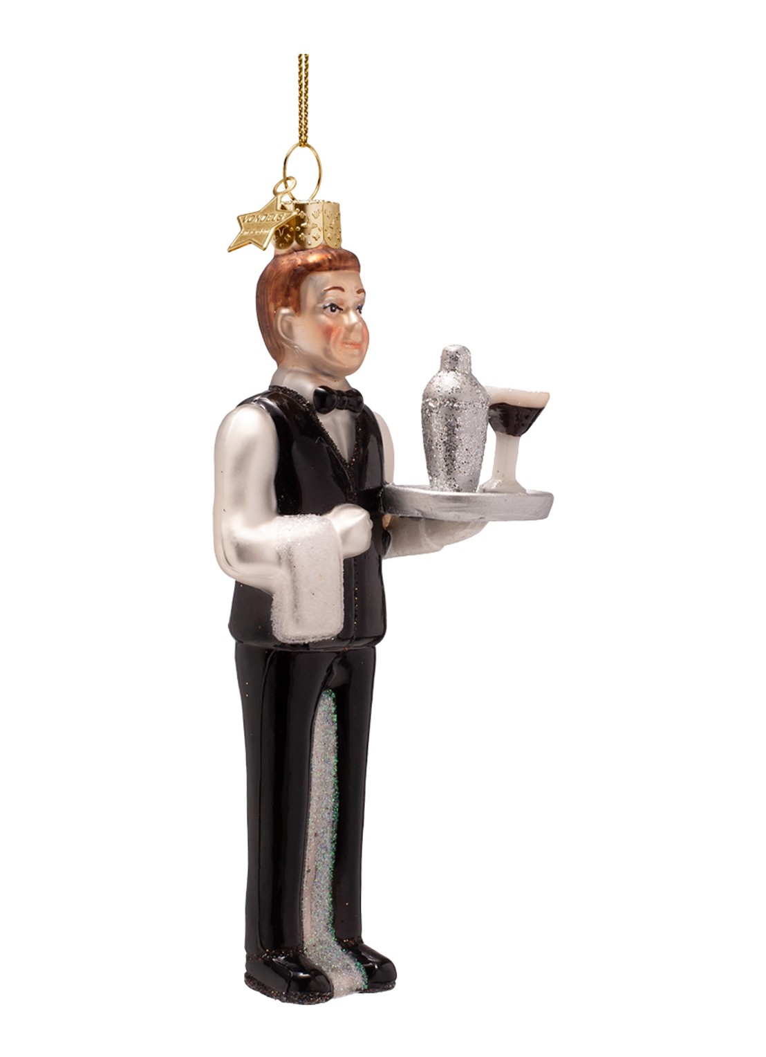 Vondels Serveerster met cocktail kersthanger 13 cm - voorkant 4 zwart