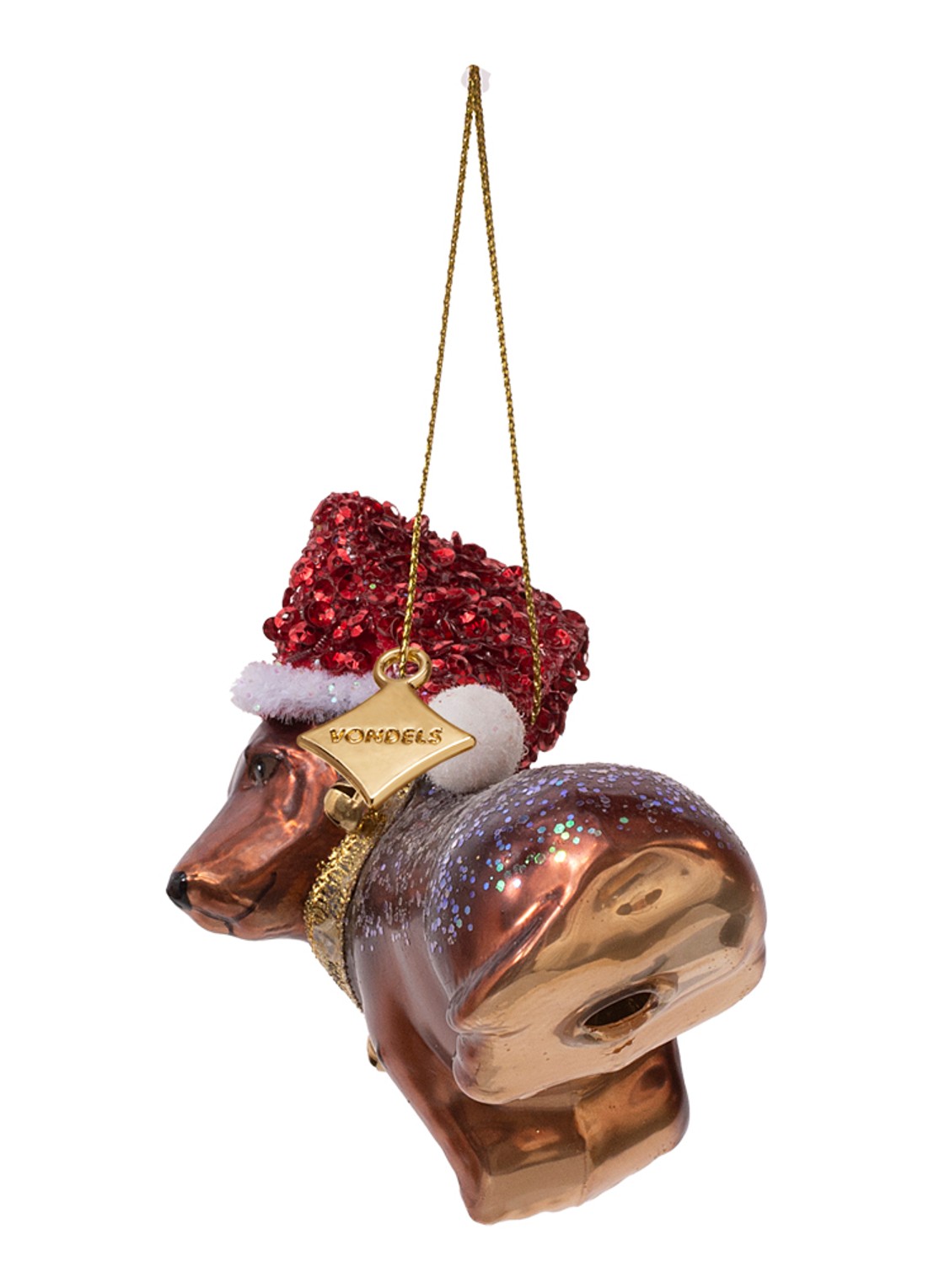Vondels Teckel met kerstmuts kersthanger 8 cm - detail 4 bruin