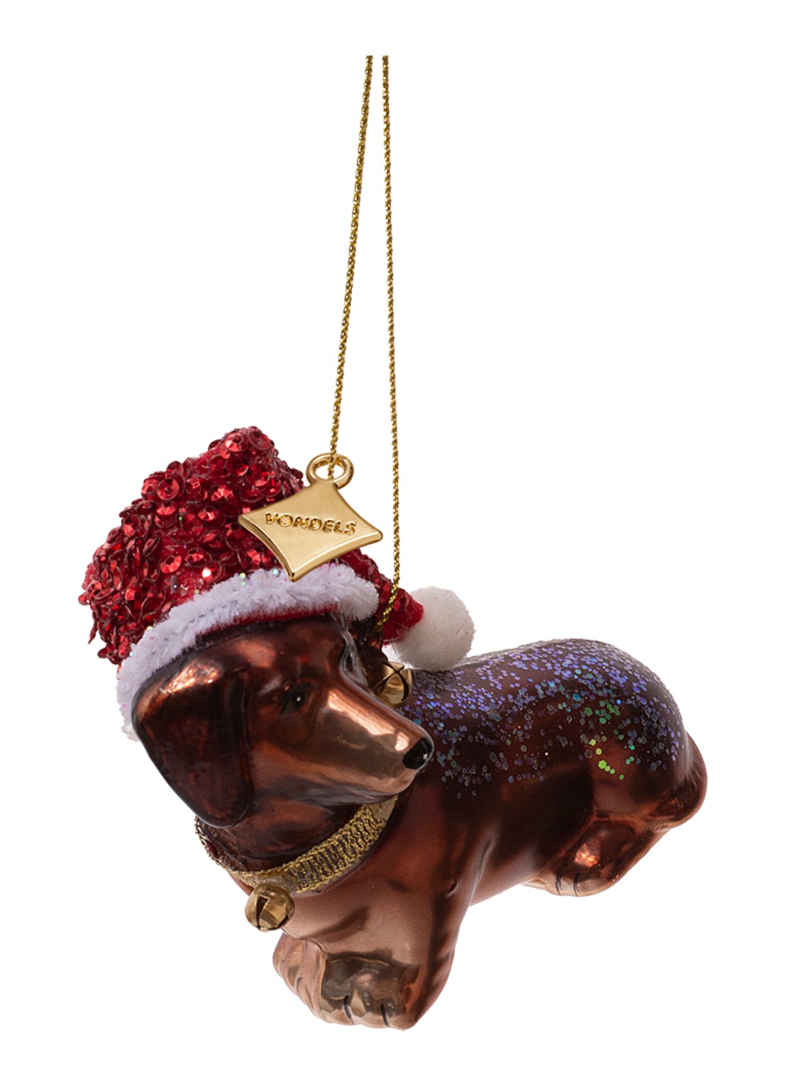 Vondels Teckel met kerstmuts kersthanger 8 cm - voorkant bruin
